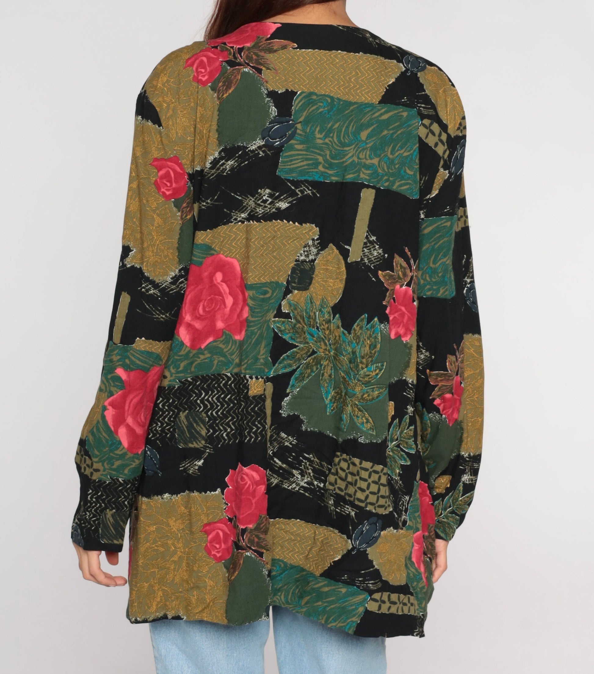 90s Patchwork Floral Rayon Jacket Deep V Button Front Rose Print Large