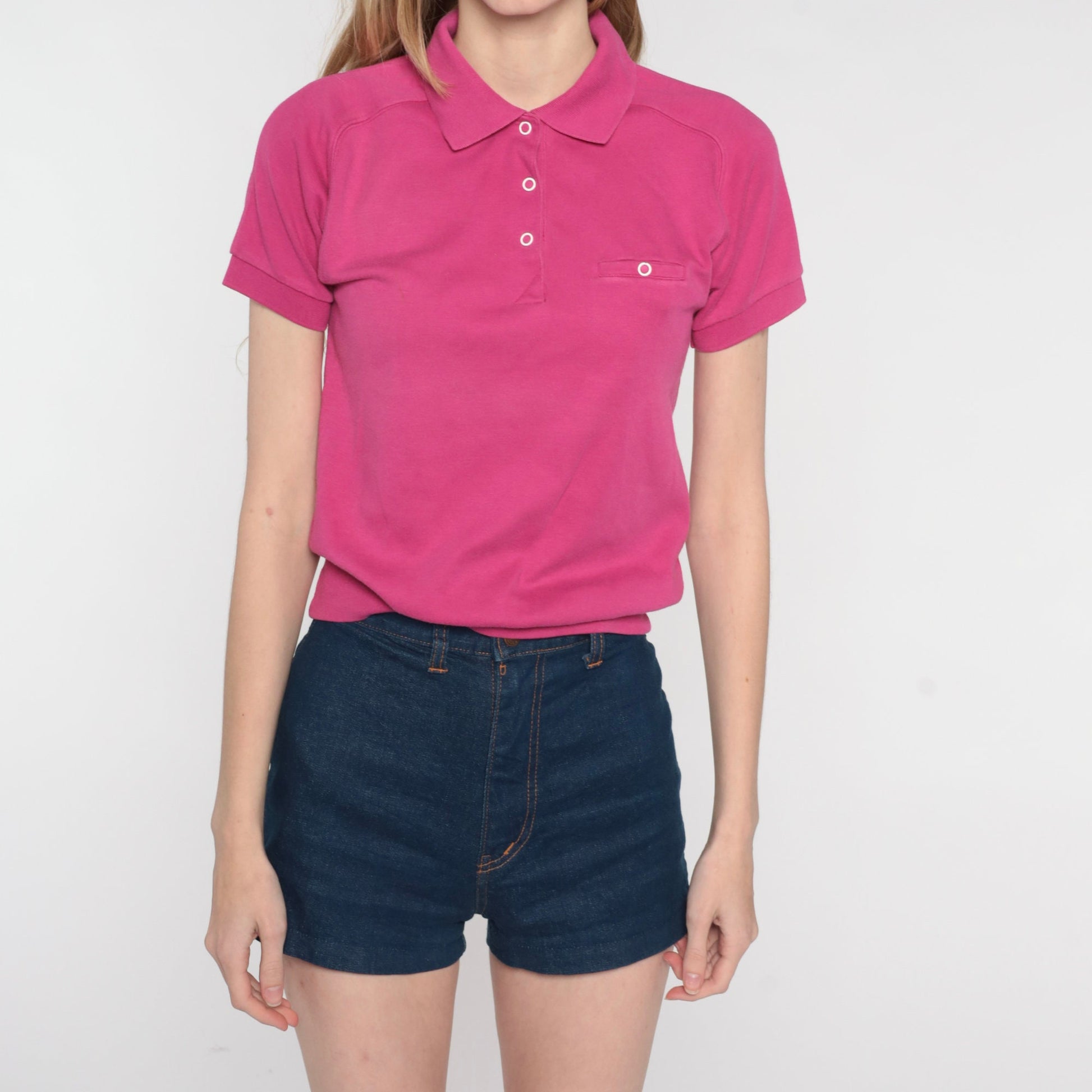 80s Hot Pink Polo Shirt Cropped Short Sleeve Button Up Small