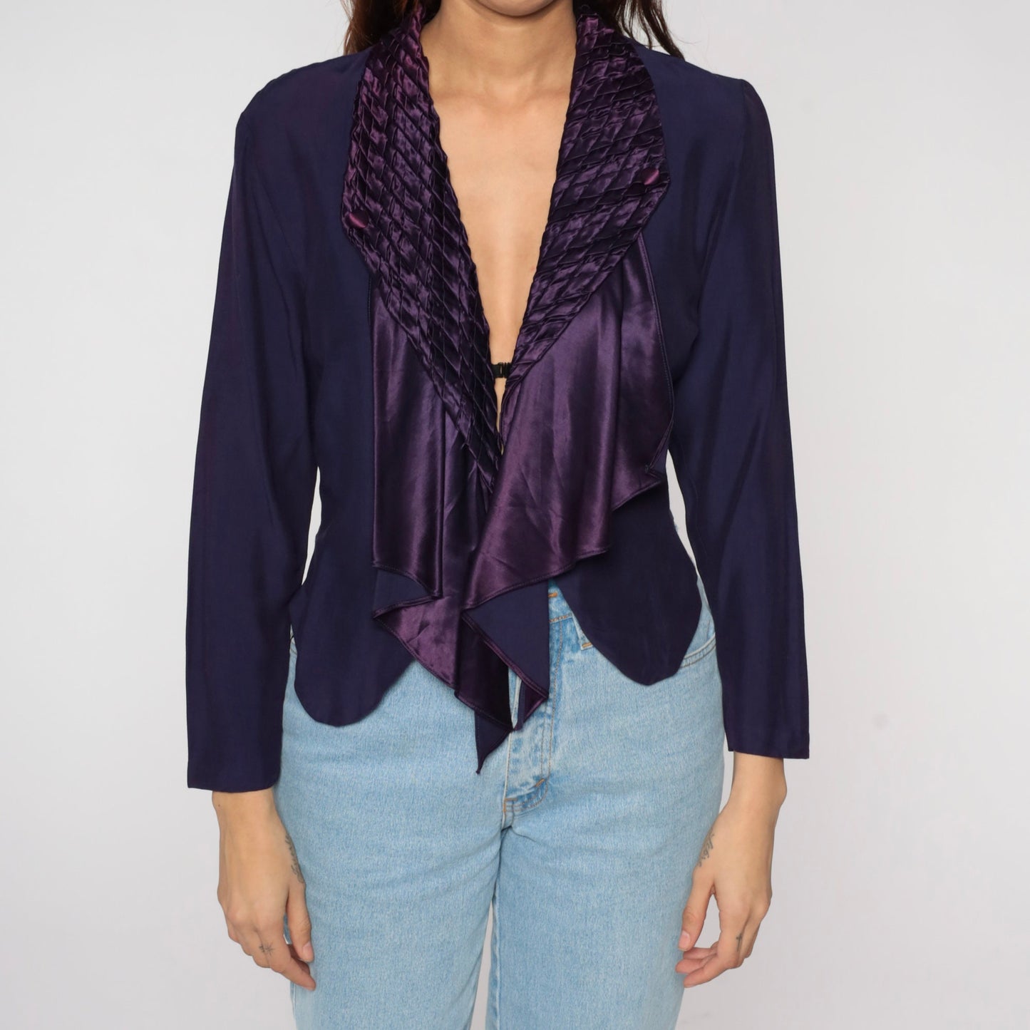 90s Purple Cascade Ruffle Blazer Cropped Jacket Woven Chest Extra Small