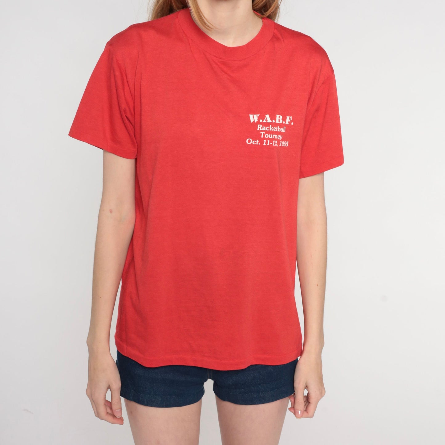 1985 WABF Racketball Tournament Graphic T-Shirt Red Single Stitch Medium