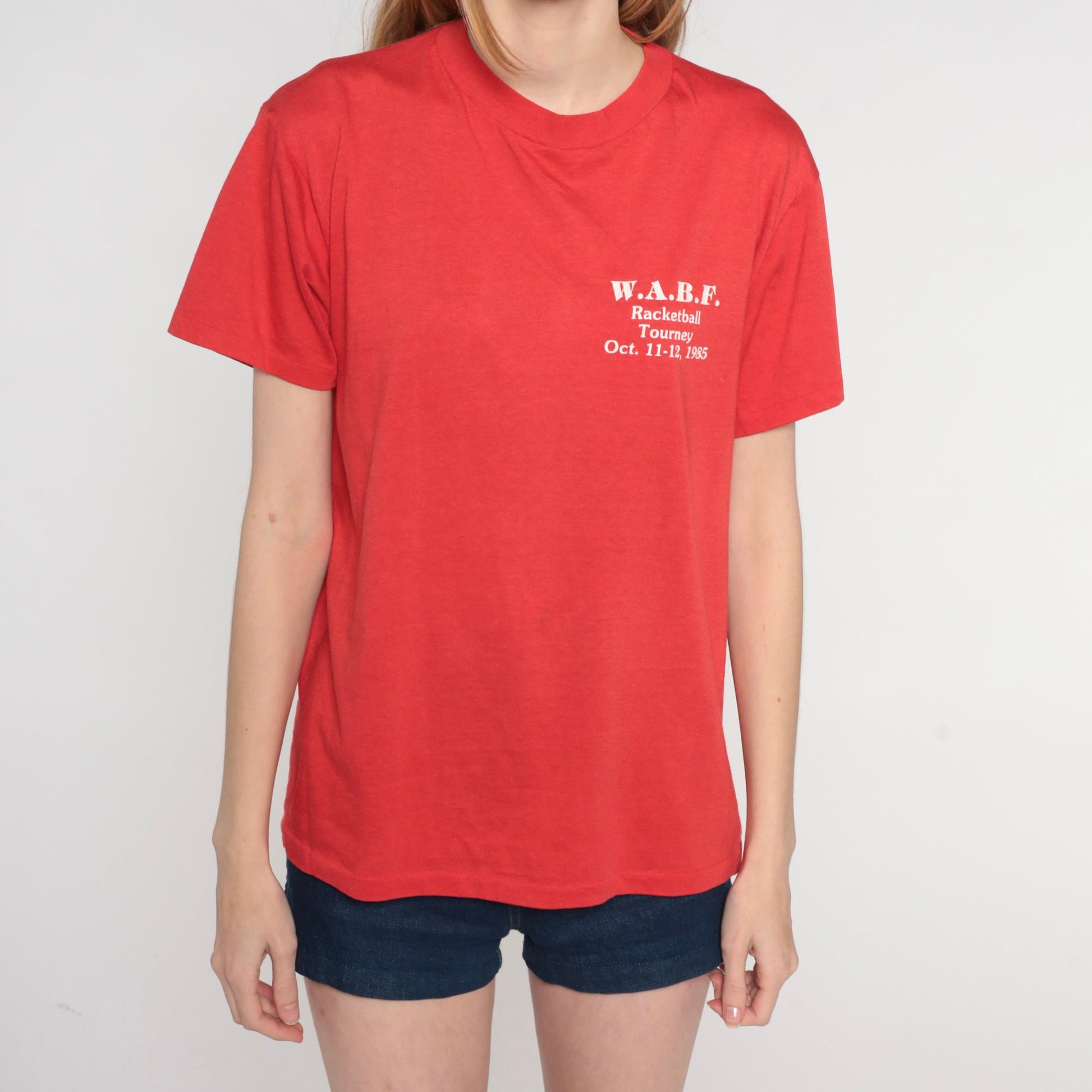 1985 WABF Racketball Tournament Graphic T-Shirt Red Single Stitch Medium