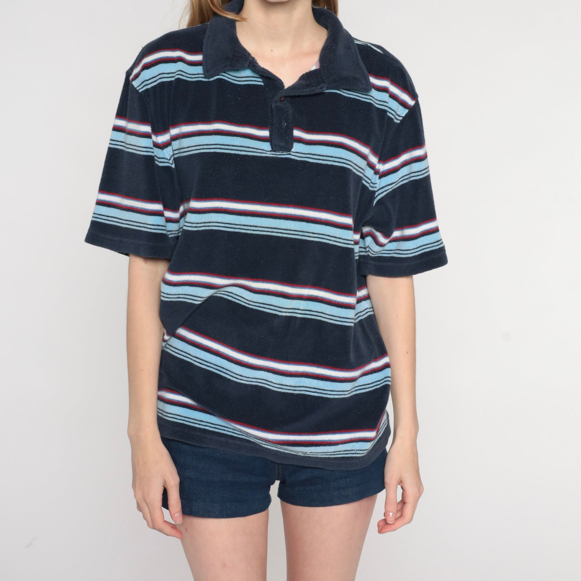 Y2K Navy Striped Terry Cloth Polo Shirt Half Button Collared Medium M