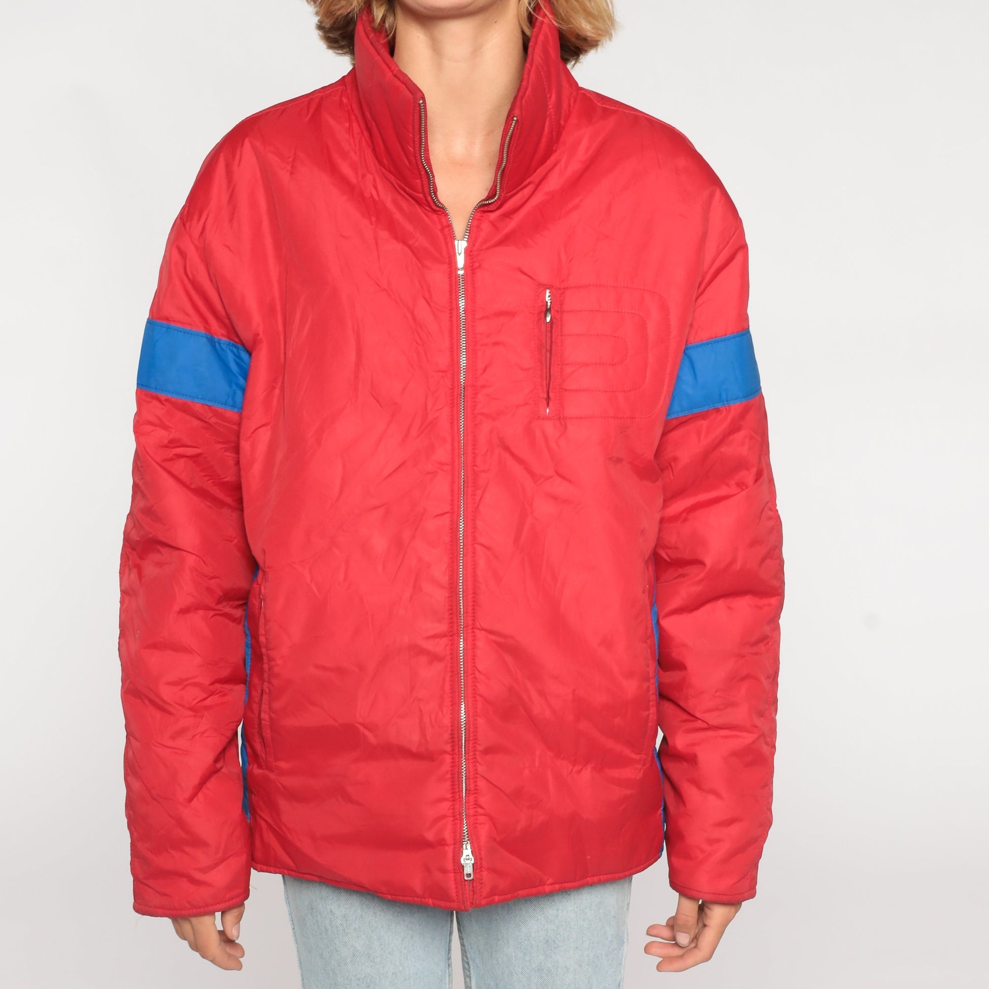 80s Roffe Goose Down Ski Jacket Red Striped Puffer Zip Coat Men's Large