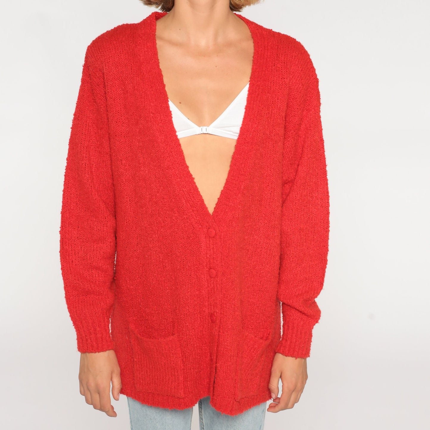 80s Red Cardigan Button-Up Knit Sweater Large L