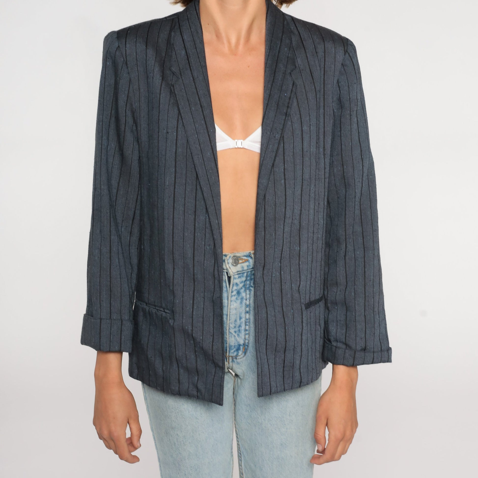 90s Grey Pinstripe Blazer Open Front Jacket Medium