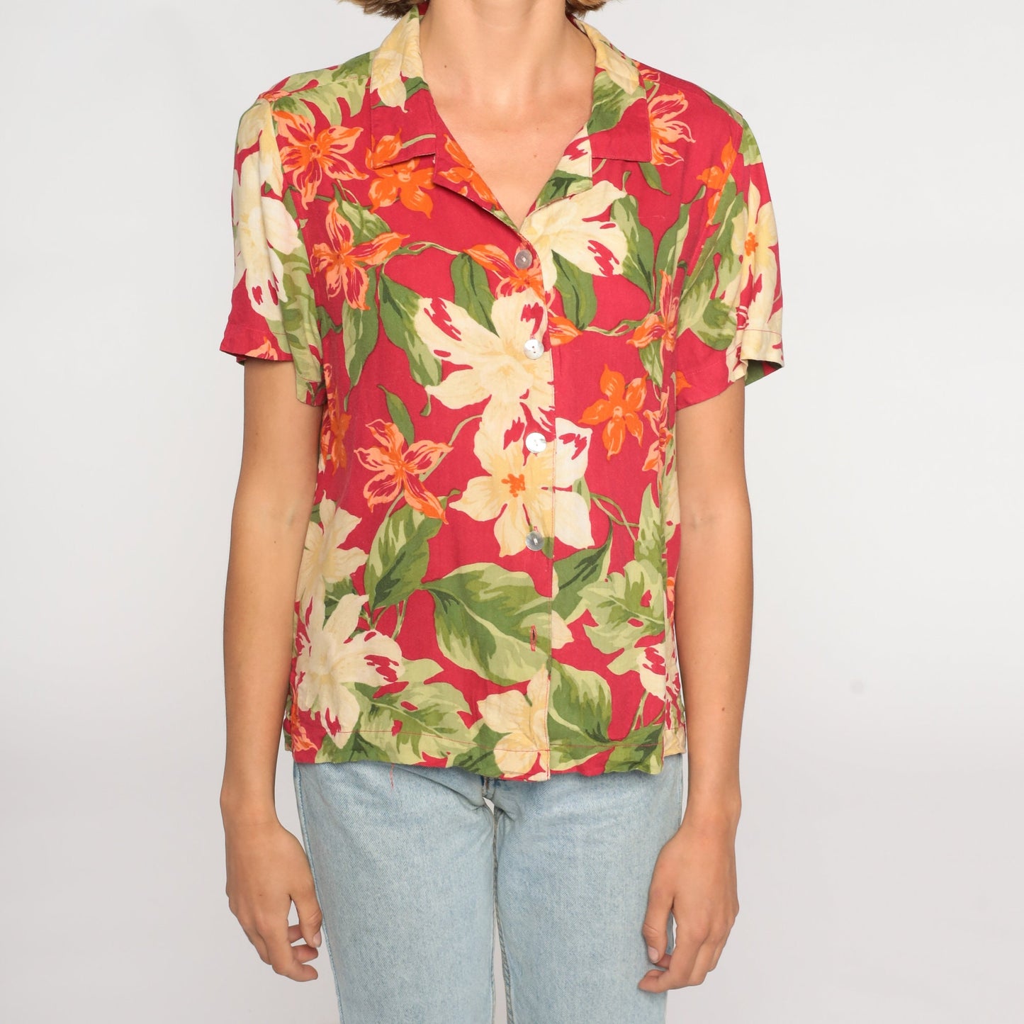 00s Tropical Floral Button Up Blouse Red Orchid Leaf Print Silk Rayon Large