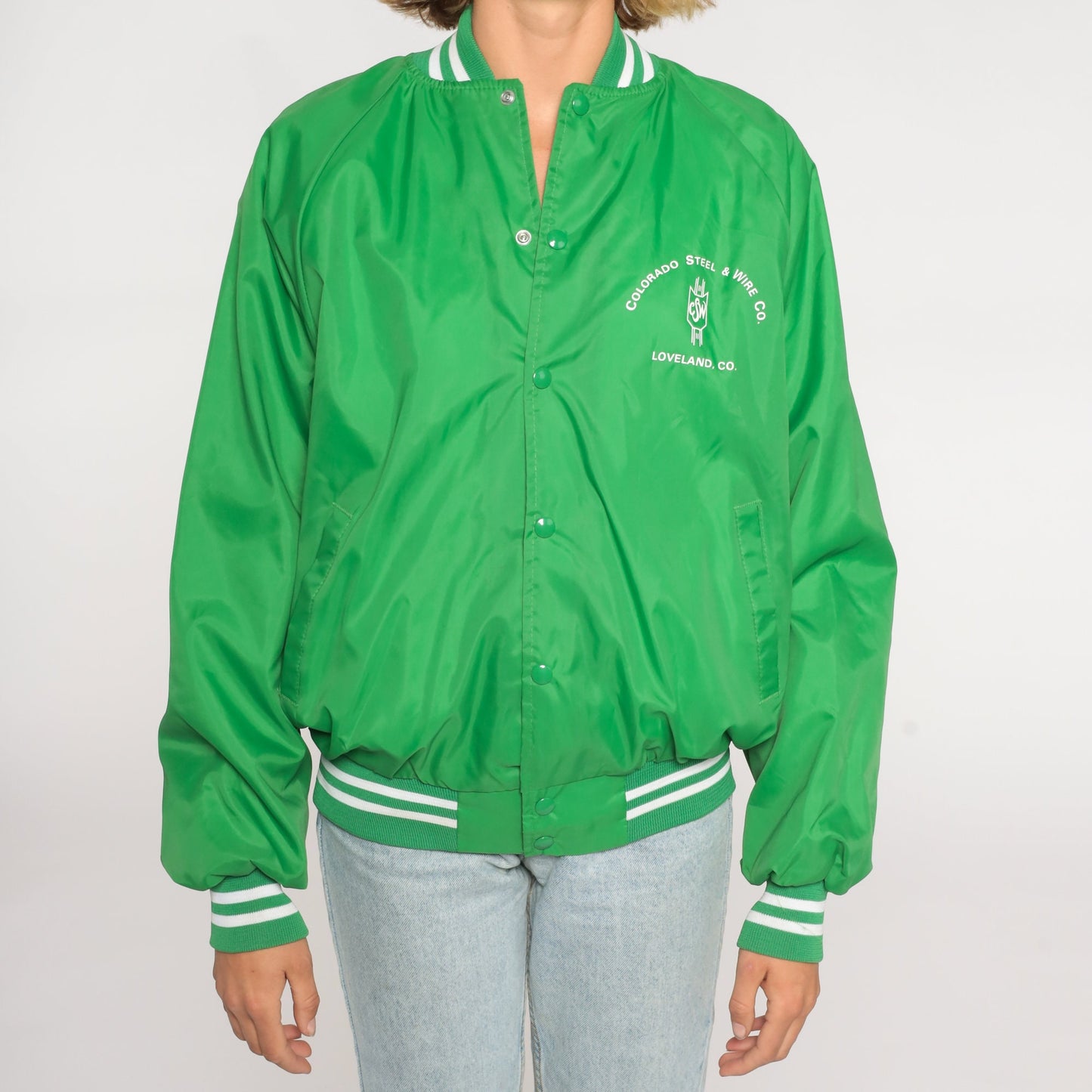 80s Steel & Wire Co Loveland Colorado Bomber Jacket Green Nylon Small