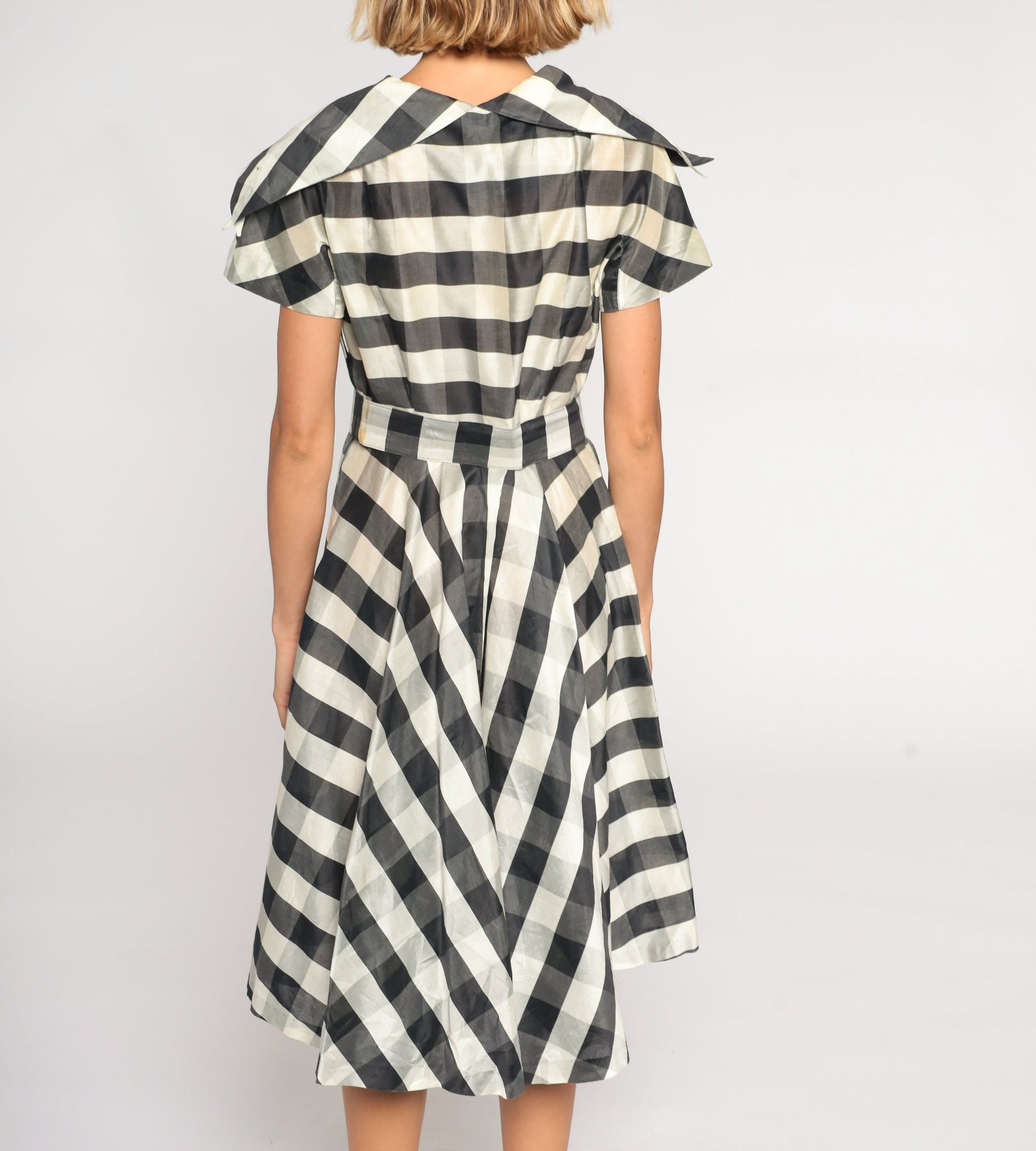 1950s Black White Gingham Midi Dress Double Breasted Sailor Collar High Waisted Medium
