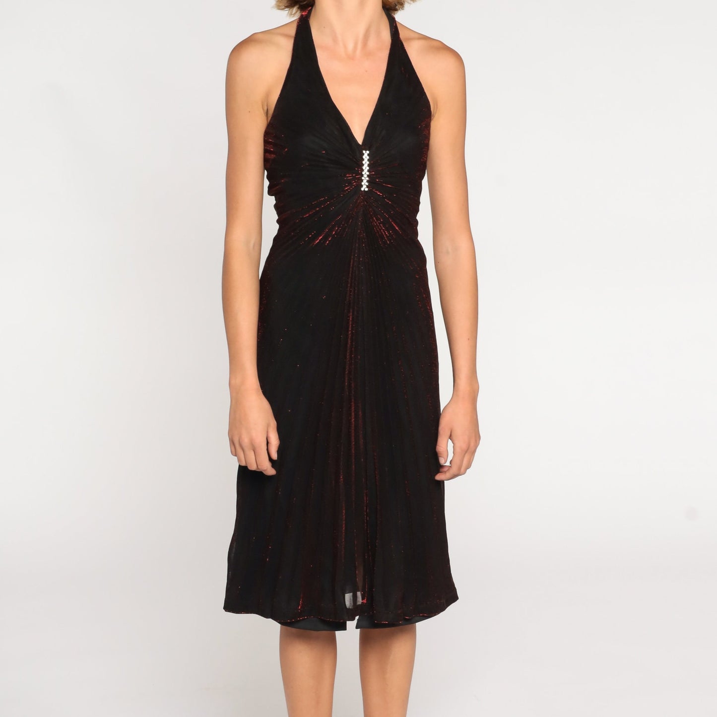 80s Black Red Metallic Halter Midi Dress Rhinestone Gem Sleeveless Small