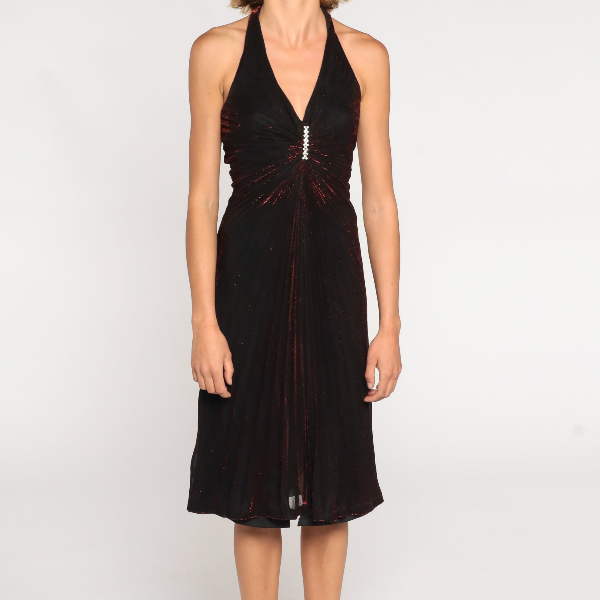 80s Black Red Metallic Halter Midi Dress Rhinestone Gem Sleeveless Small