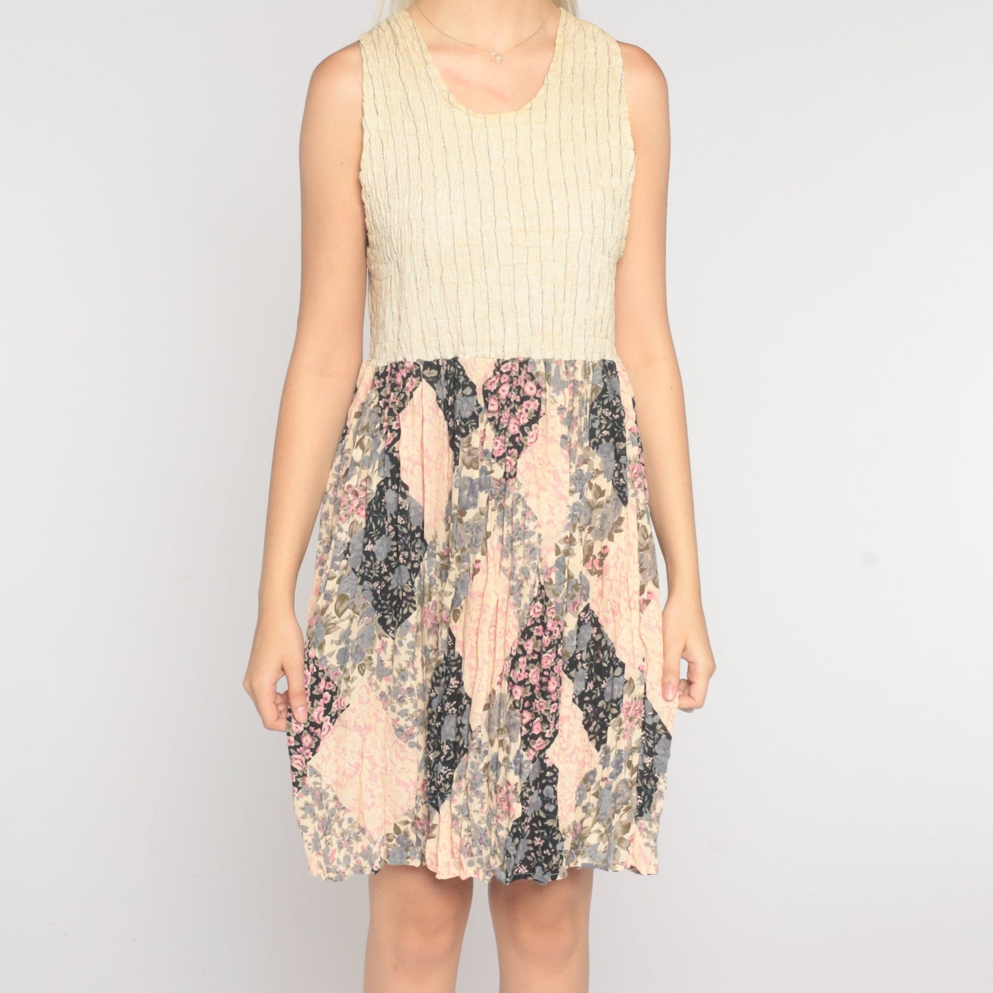 90s Floral Patchwork Mini Dress Cream High Waisted Sleeveless Large