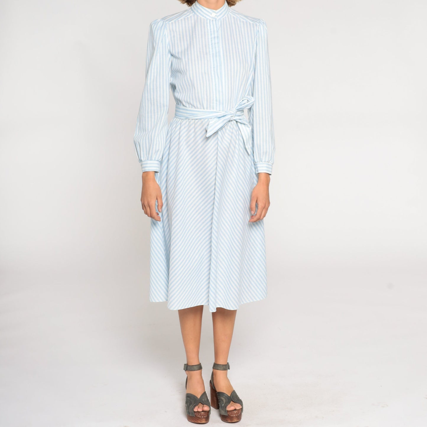 80s Blue White Striped Midi Shirtdress High Waist Puff Sleeve Medium