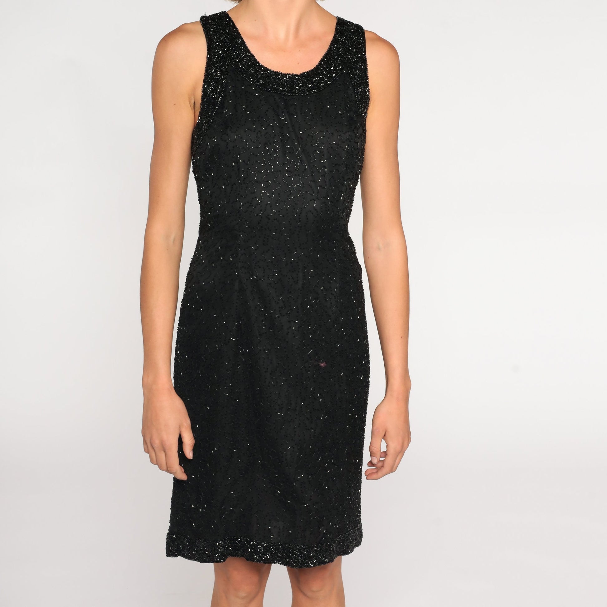 90s Black Silk Beaded Mini Dress Sleeveless Sheath Cocktail Medium M