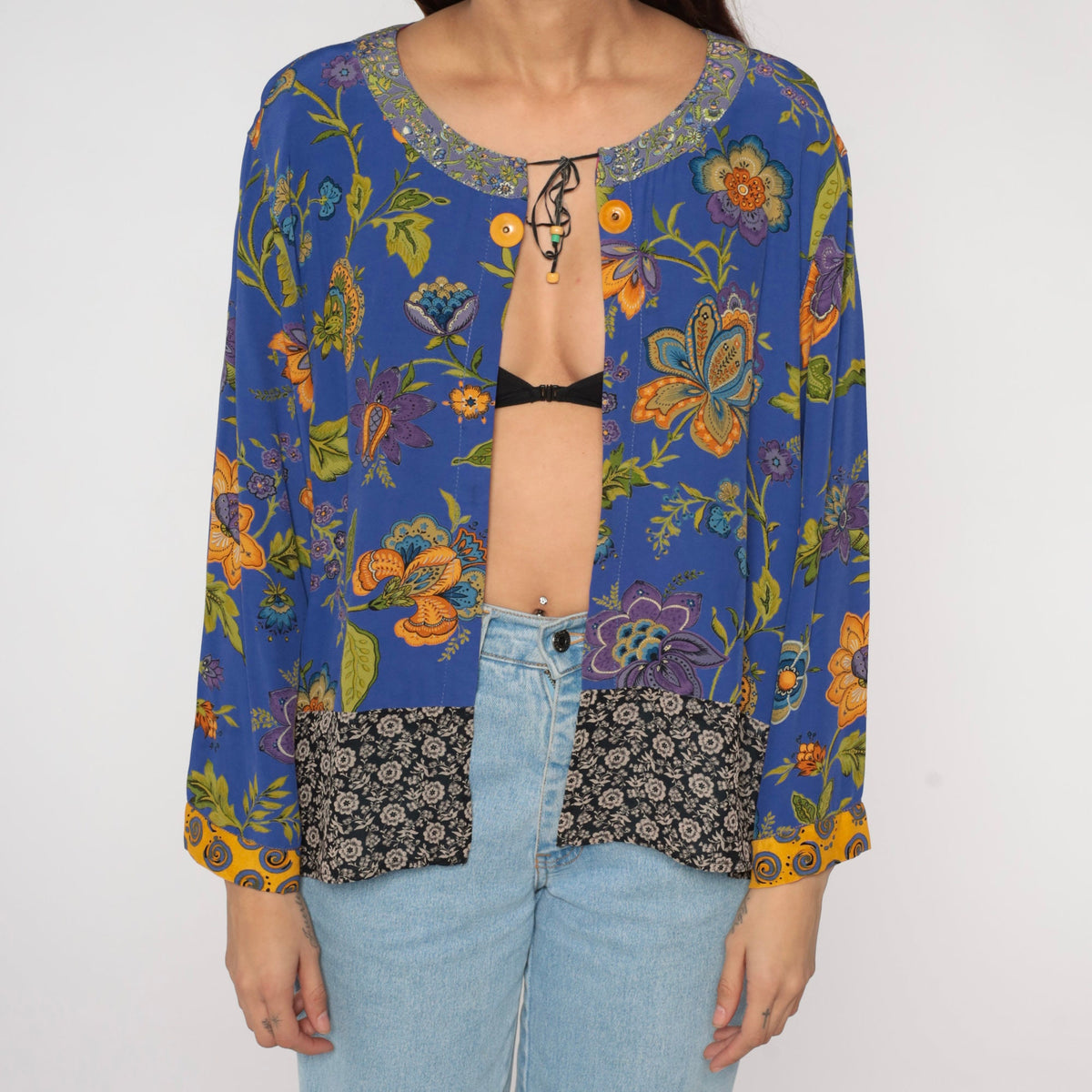 00s Blue Indian Floral Open-Front Jacket Long Sleeve Rayon Medium