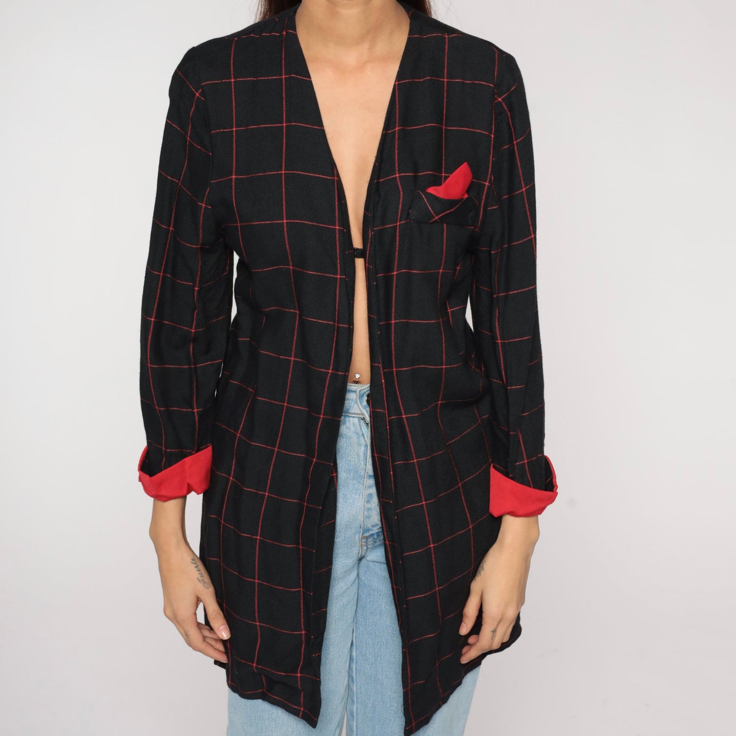 90s Black Red Checkered Blazer Open Front Cuffed Sleeve Medium