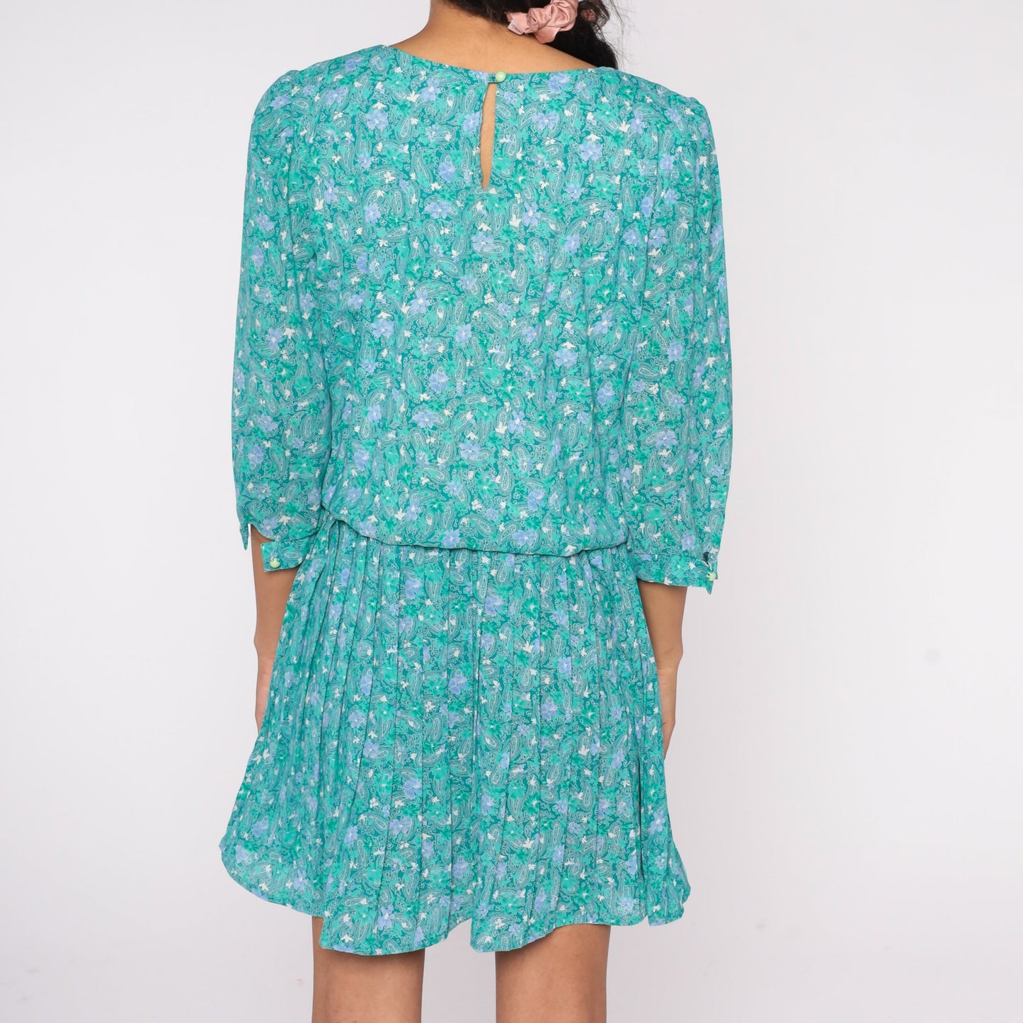 80s Green Paisley Floral Mini Dress High Waist Pleated 3/4 Puff Sleeve Medium