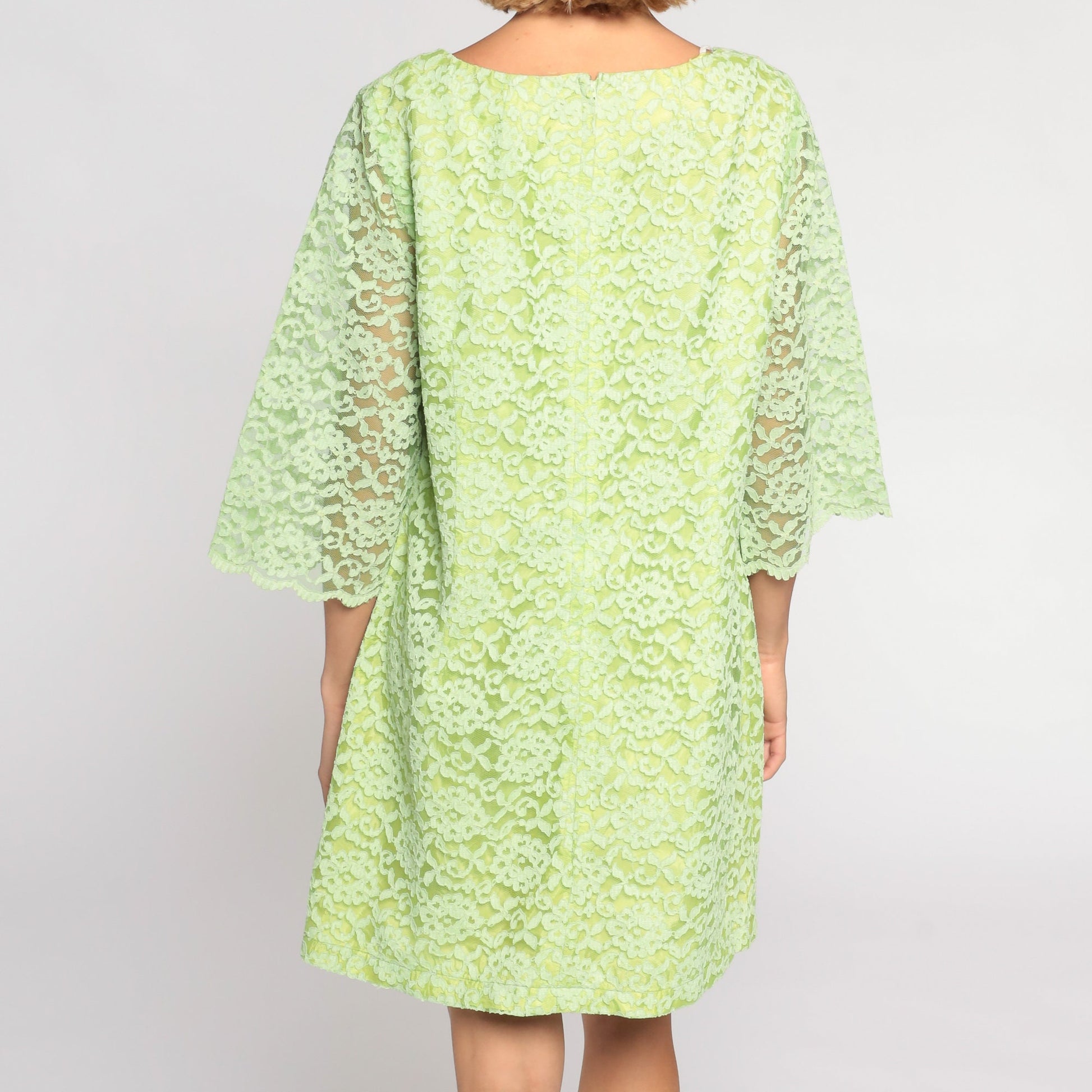 60s M'Lady Couture Lime Green Lace Mini Dress Shift Sheer Sleeve Large