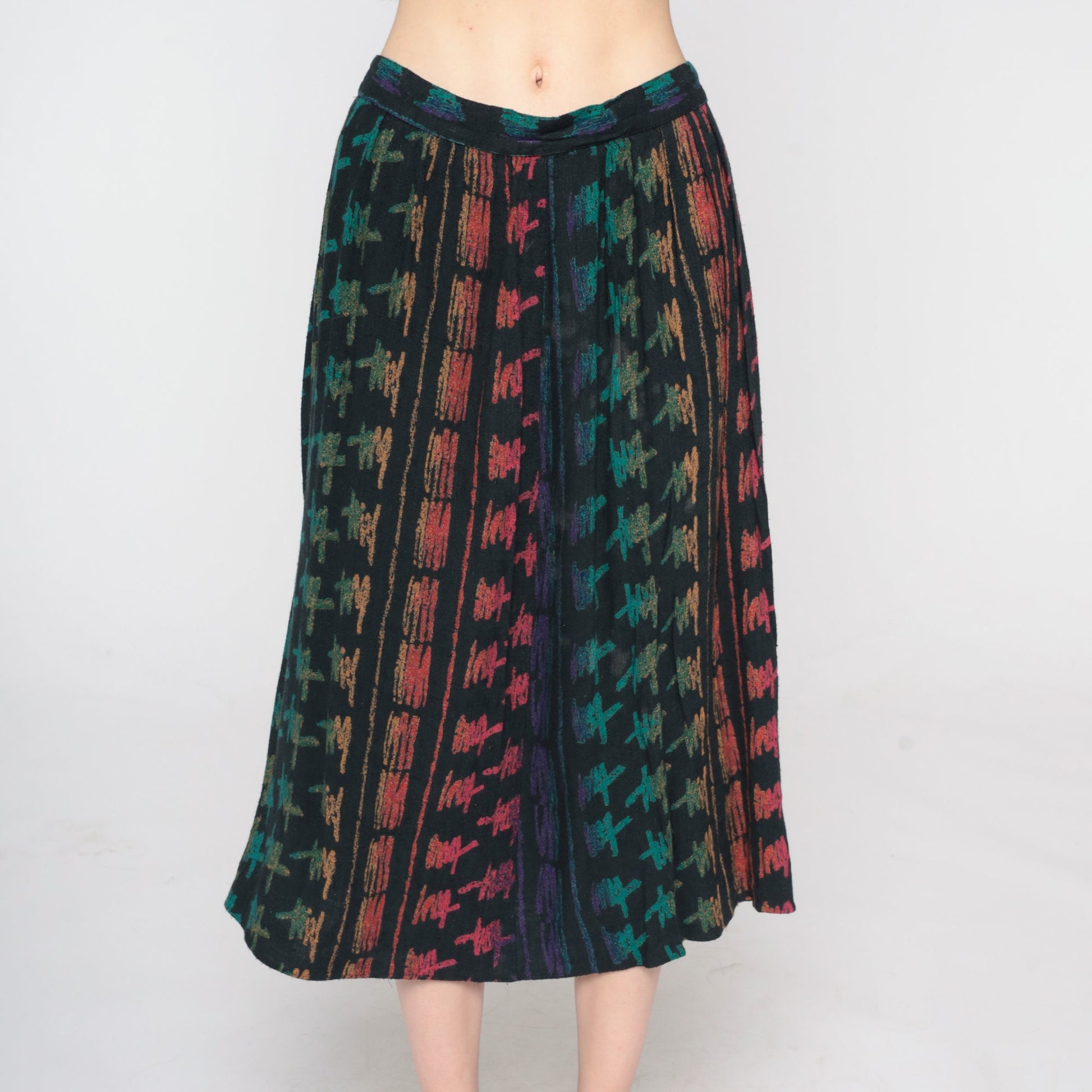 90s Black Abstract Brushstroke Midi Skirt Rainbow Print High Waist Small