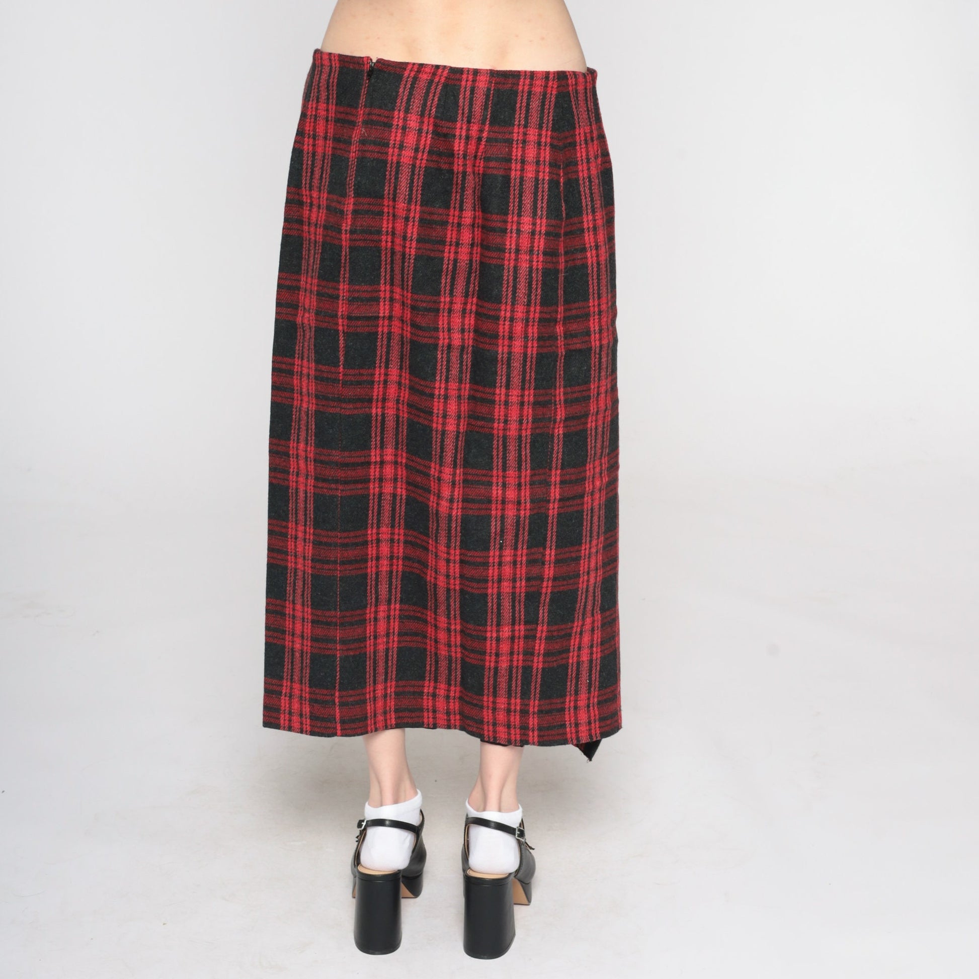 80s Wool Plaid Midi Skirt Red Black Tartan Faux Wrap Button Front Medium