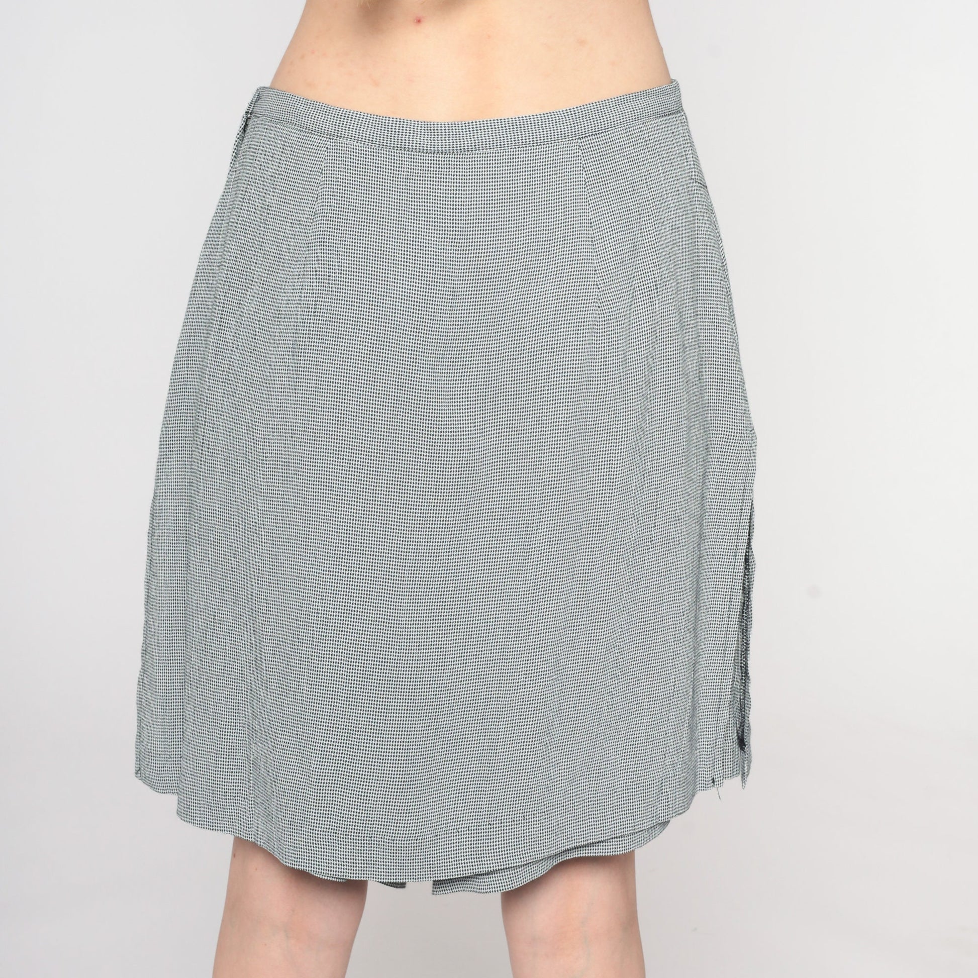 90s Black White Houndstooth Mini Skort High Waisted Side Slit Small S