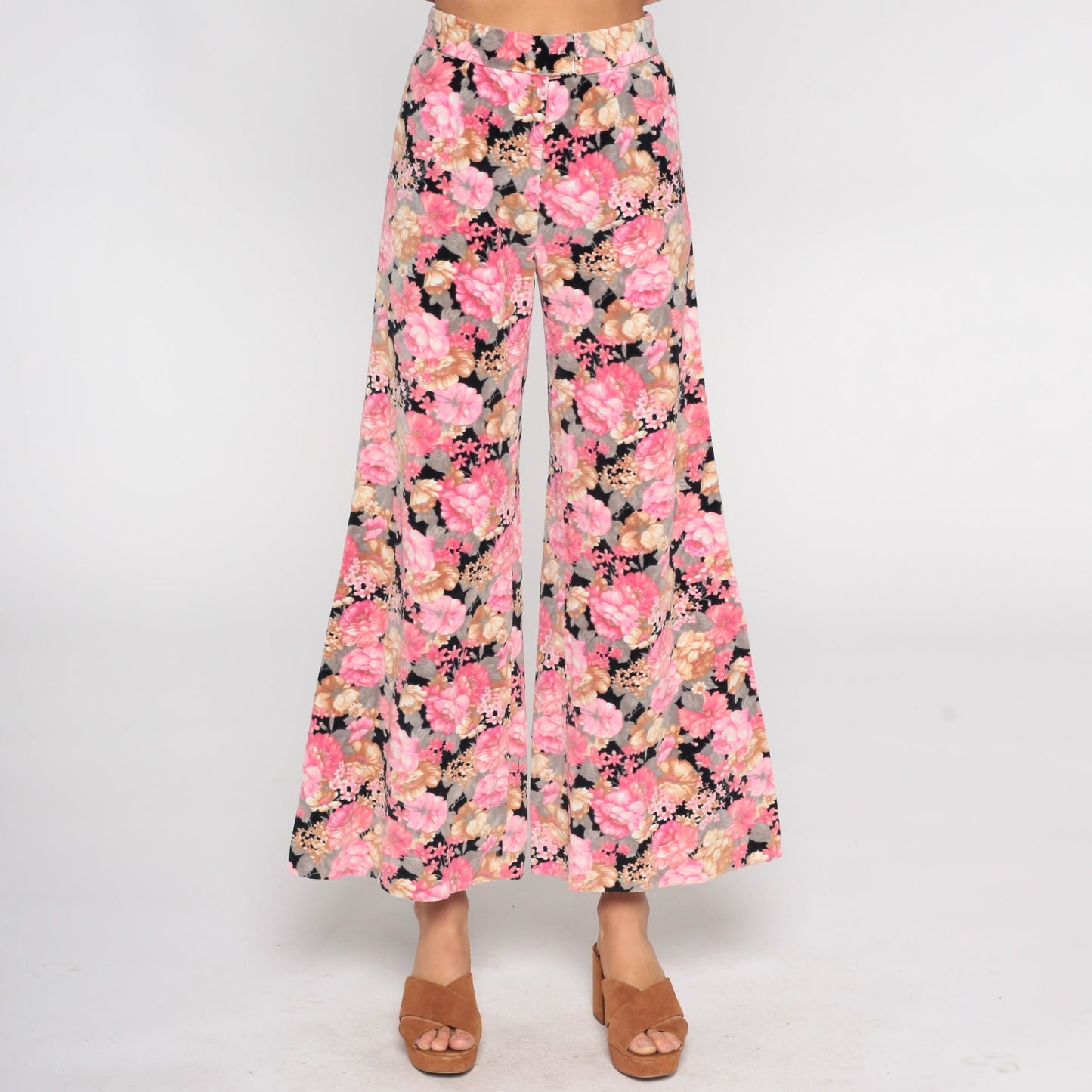 70s Floral Velvet Bell Bottom Pants Black Pink High Waisted Extra Small