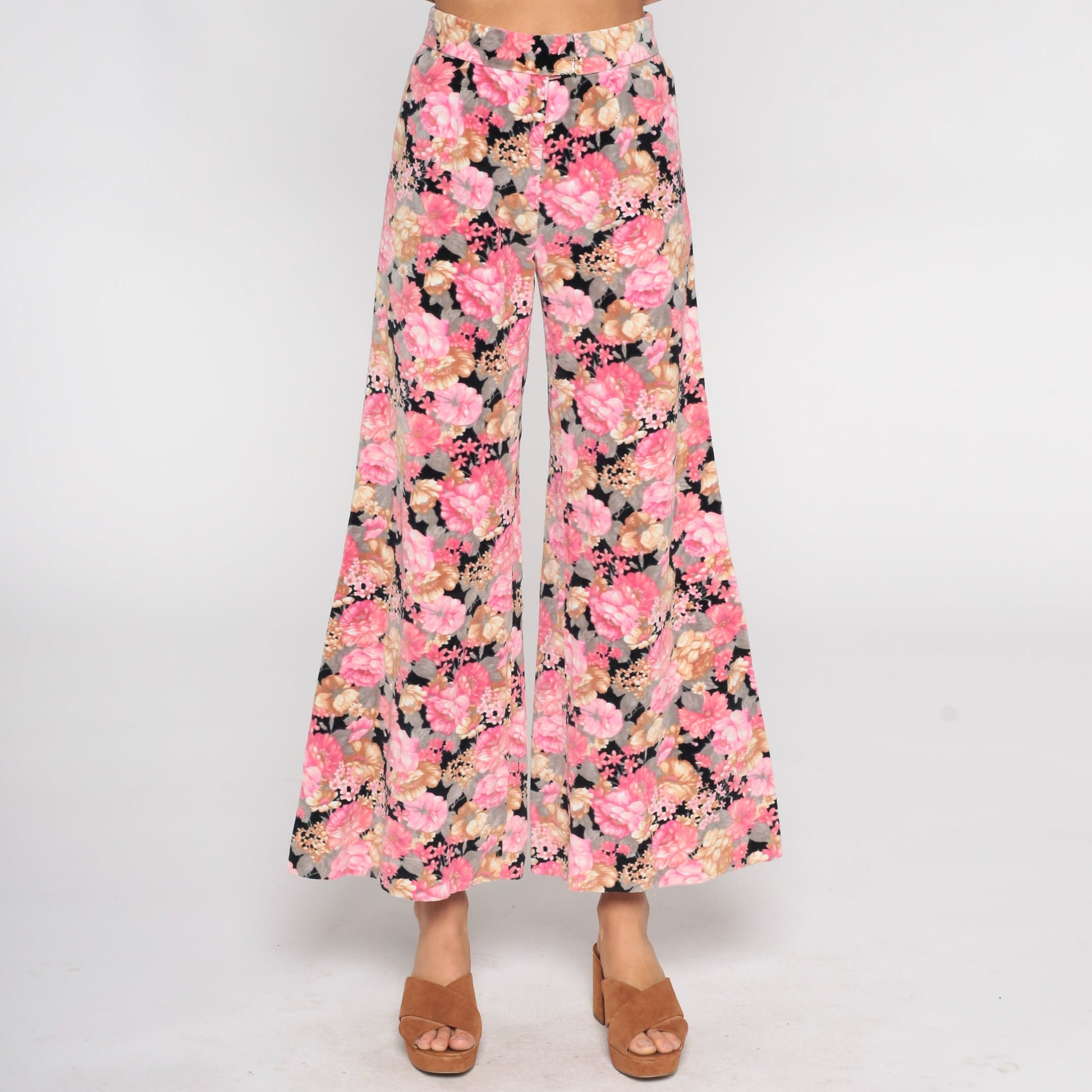 70s Floral Velvet Bell Bottom Pants Black Pink High Waisted Extra Small