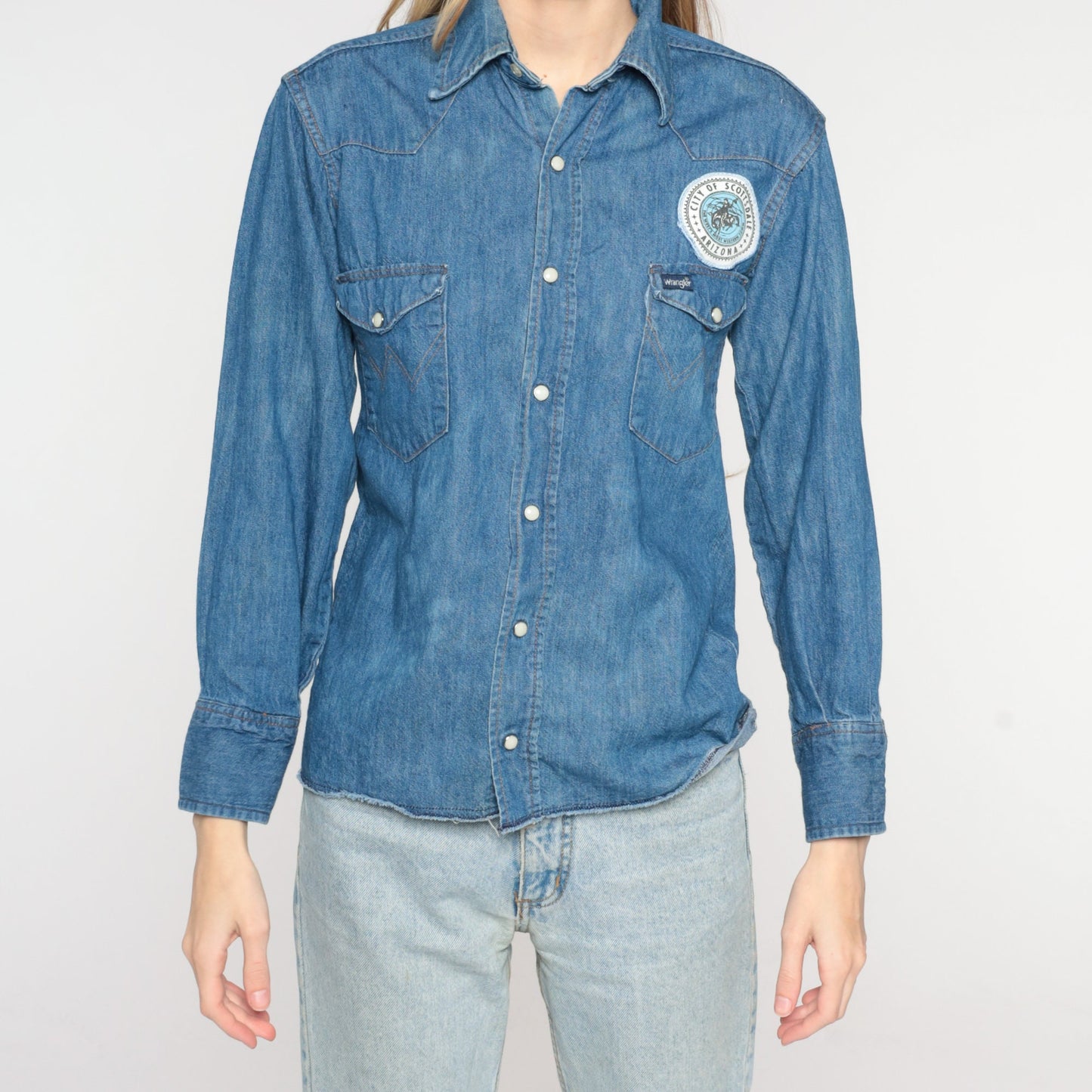 80s Wrangler Denim Pearl Snap Western Shirt Scottsdale Rodeo Patch Blue