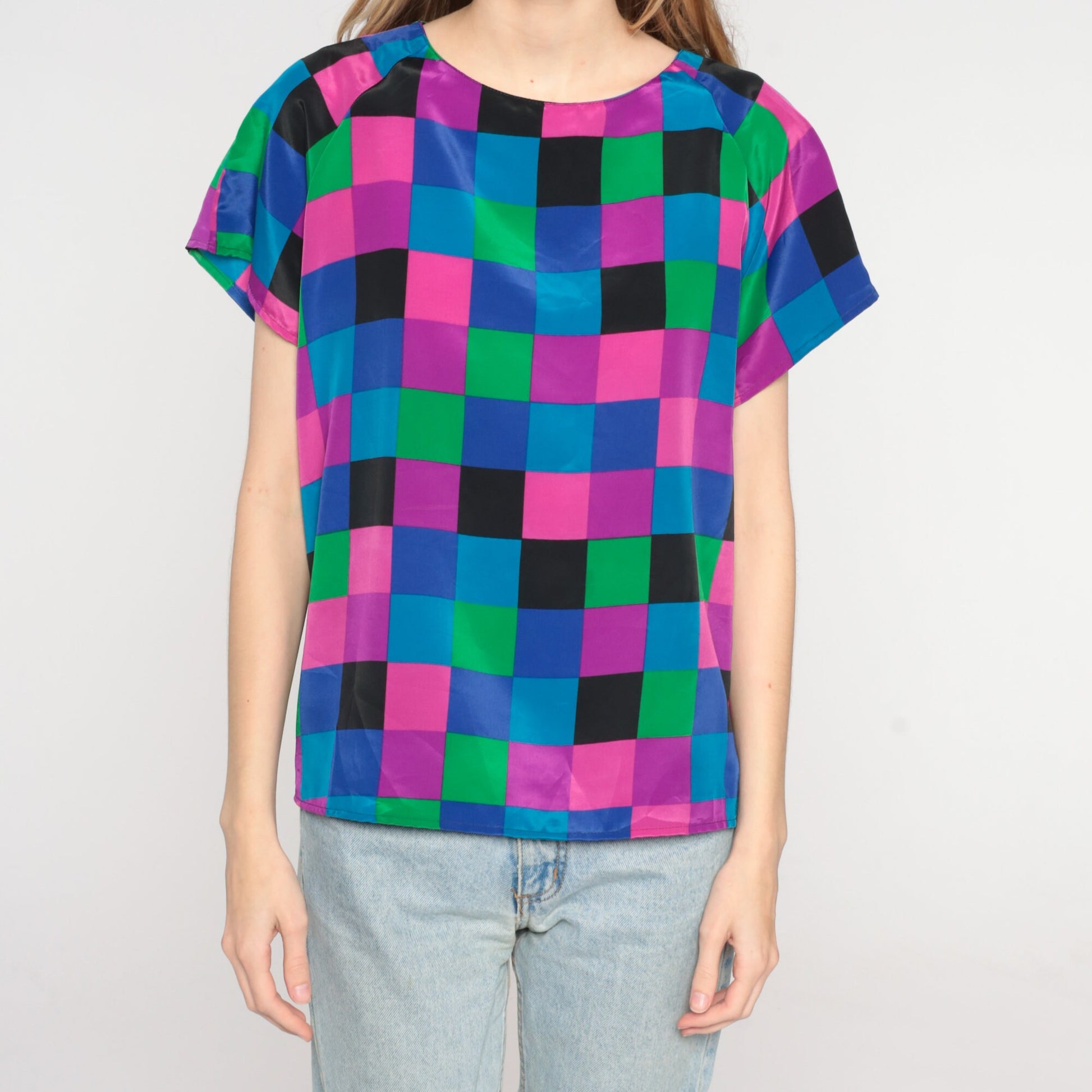 90s Colorful Checkerboard Short Sleeve Blouse Purple Pink Blue Medium M
