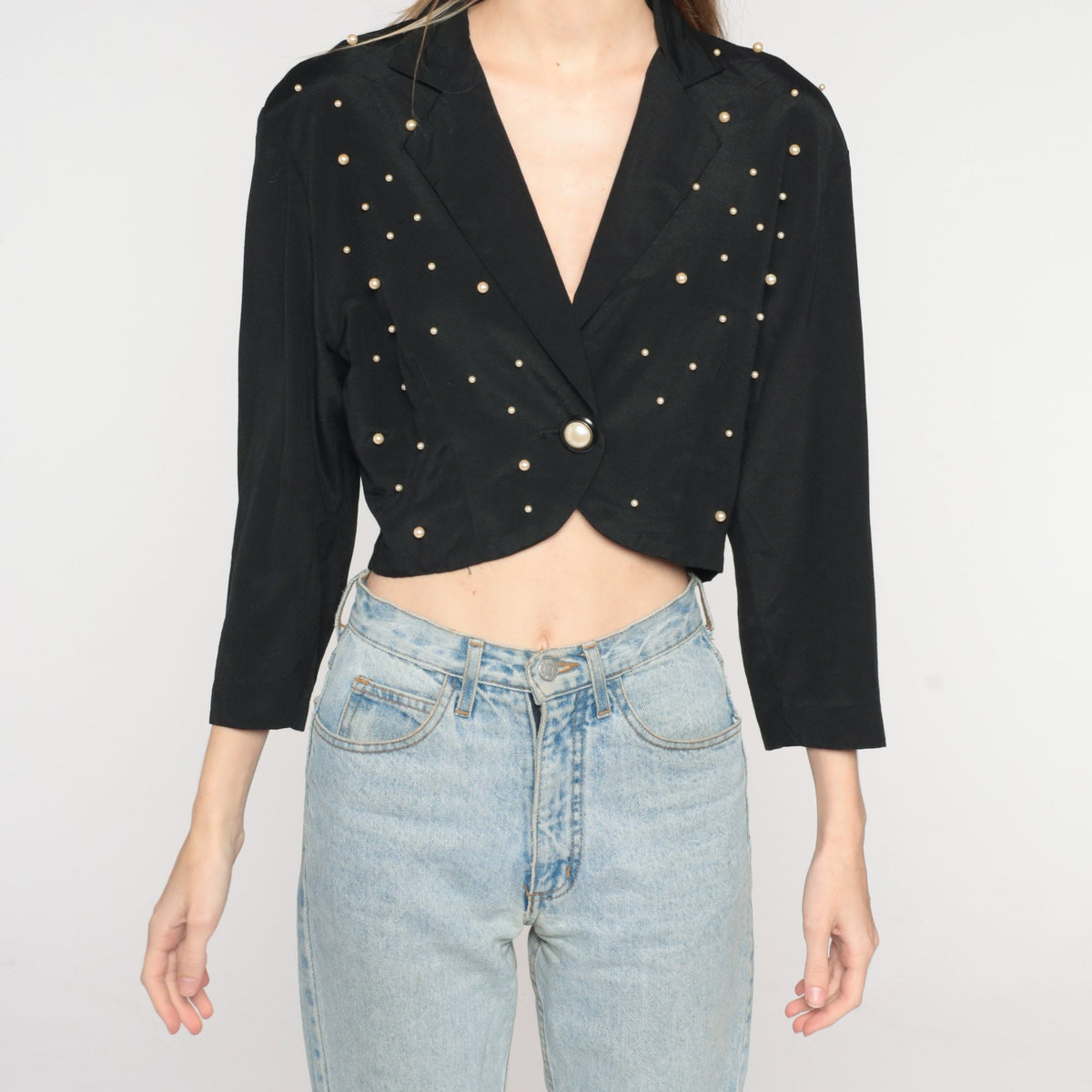 90s Black Cropped Blazer Pearl Beaded Single Button Jacket Medium
