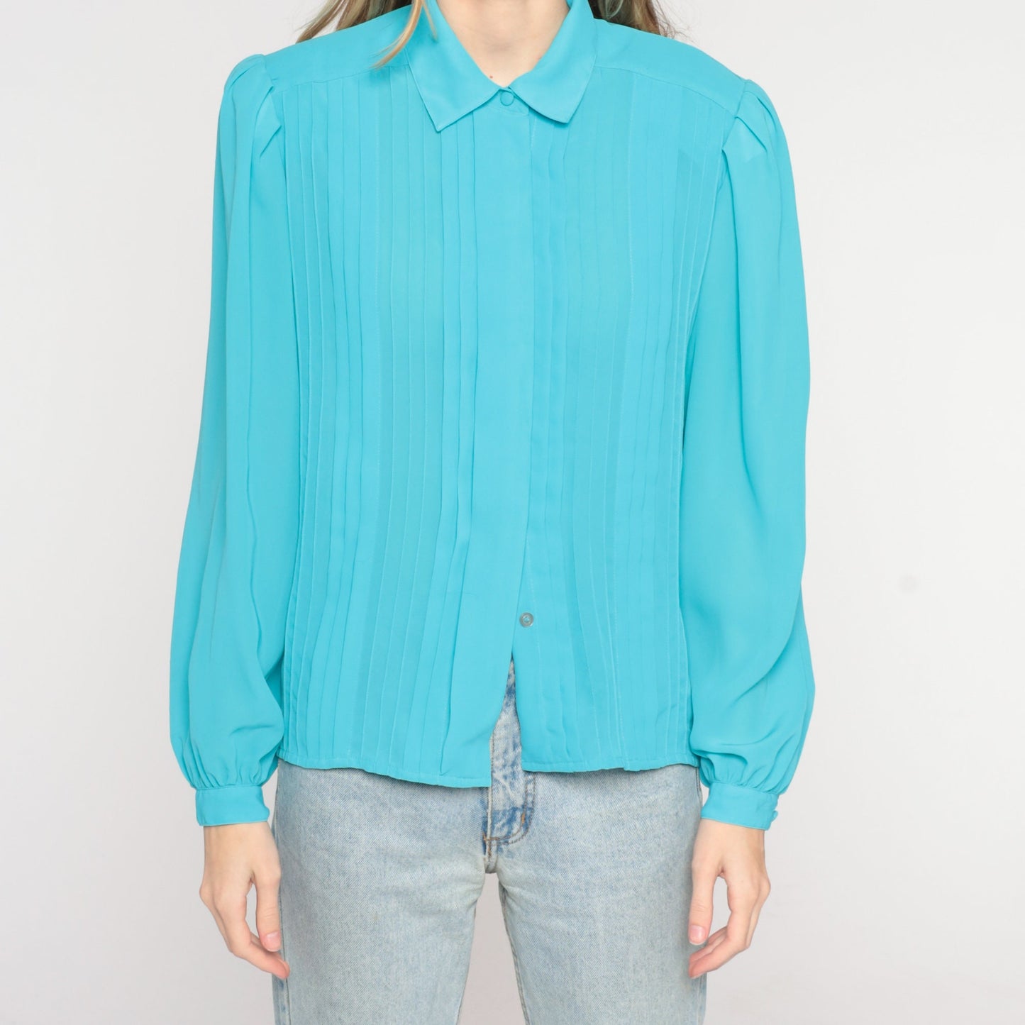 80s Blue Pleated Blouse Puff Sleeve Collared Button-Up Medium