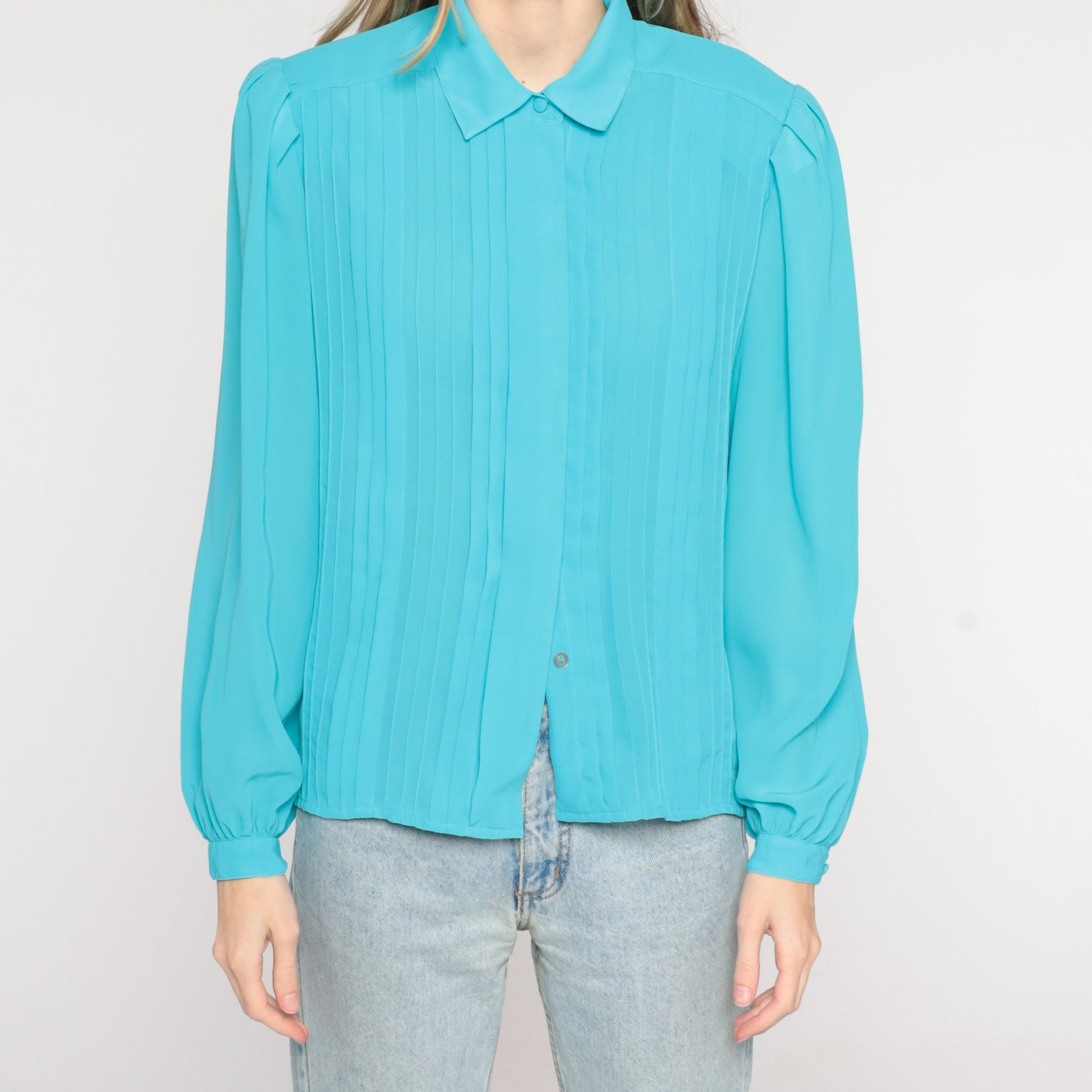 80s Blue Pleated Blouse Puff Sleeve Collared Button-Up Medium