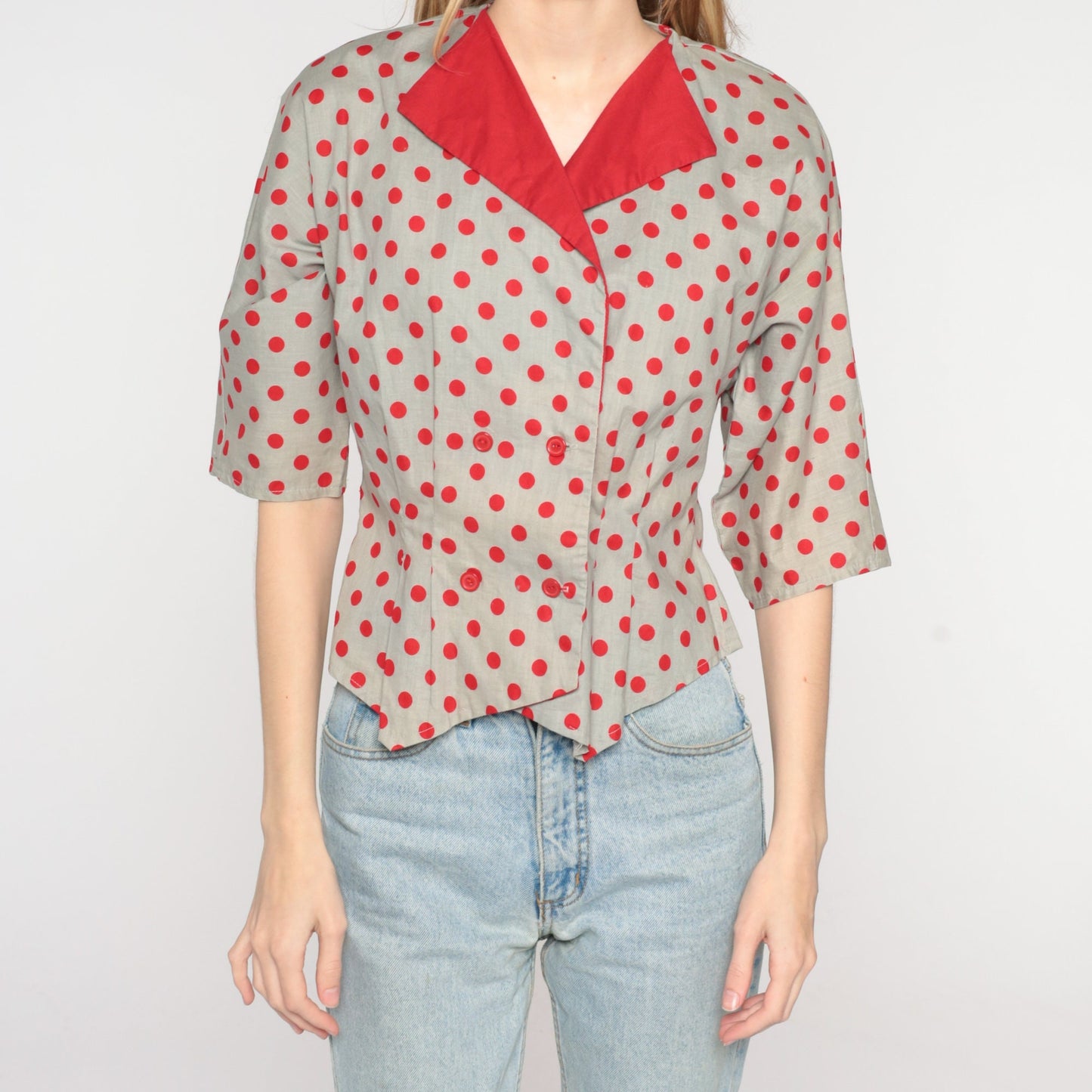 80s Grey Polka Dot Cotton Blouse Double Breasted Red Collar Short Sleeve Small