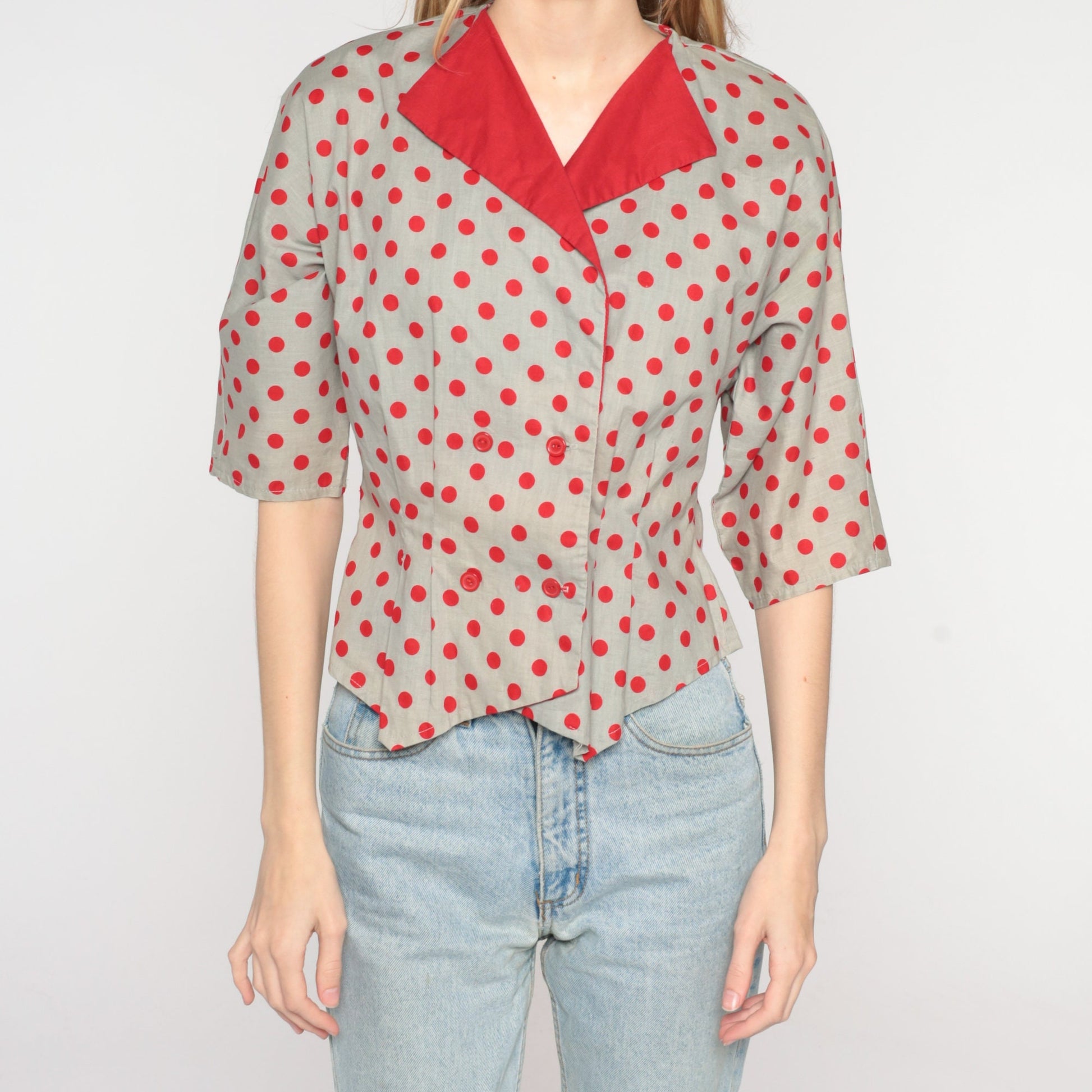 80s Grey Polka Dot Cotton Blouse Double Breasted Red Collar Short Sleeve Small