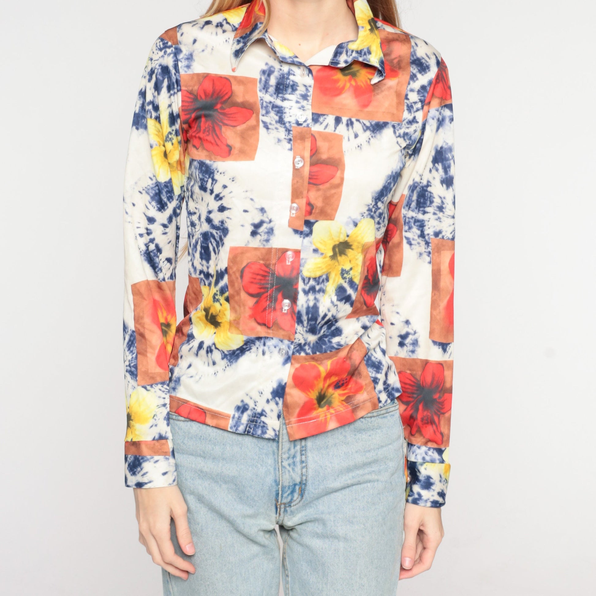 90s Tie Dye Floral Button Up Blouse White Psychedelic Print Collared Long Sleeve Small