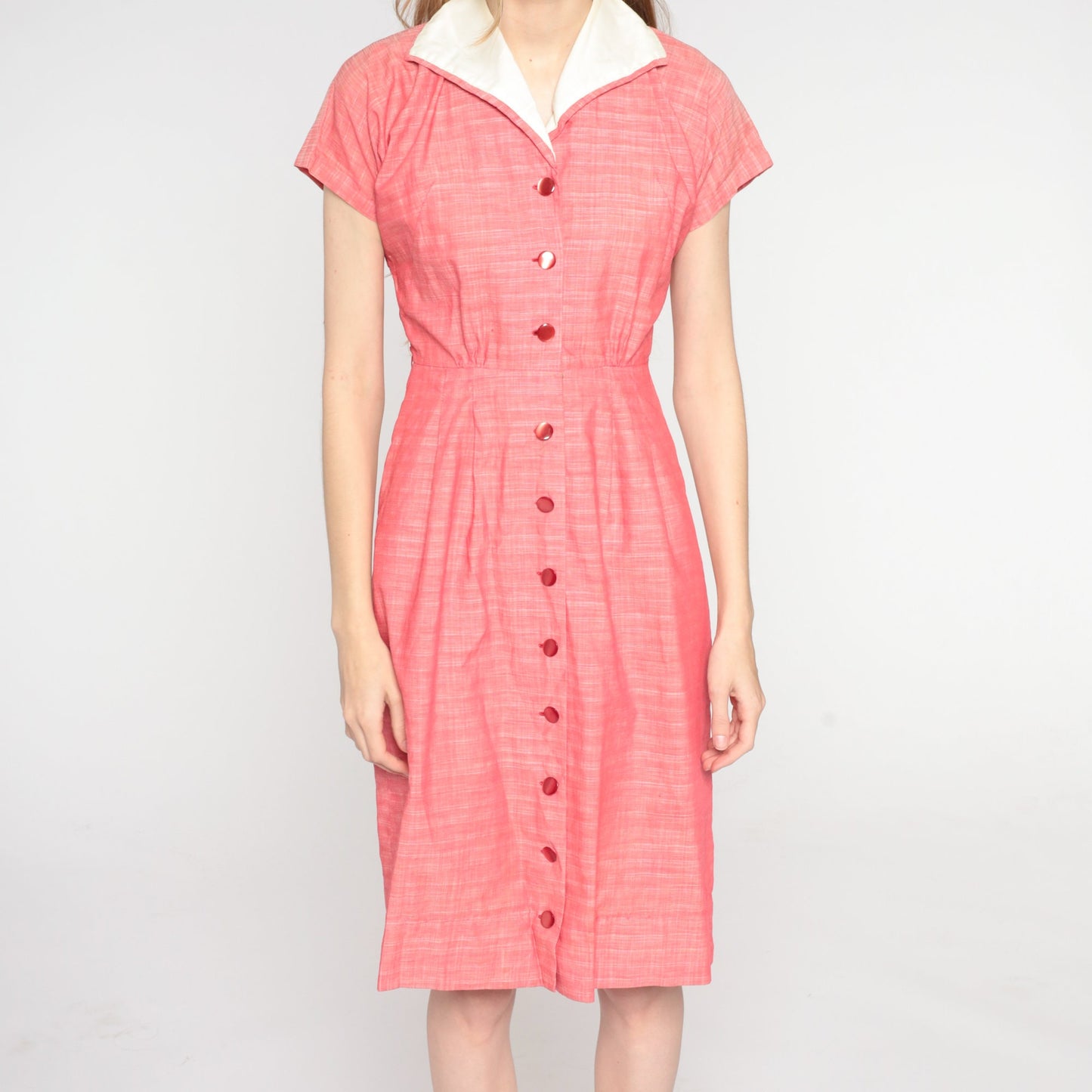 1950s Pink Woven Shirtdress Collar Button-Up Knee Length Small