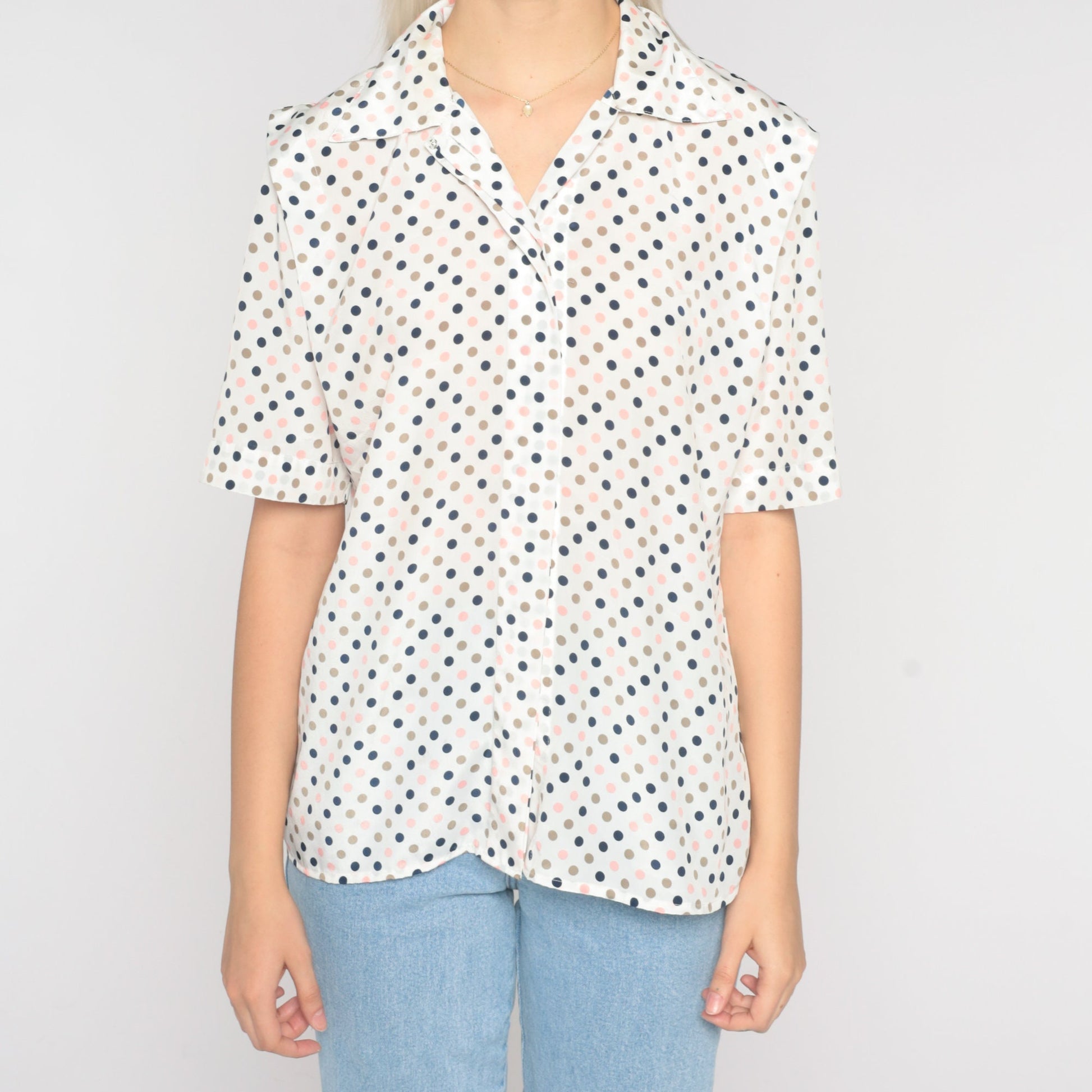 80s White Polka Dot Button-Up Blouse Short Sleeve Small