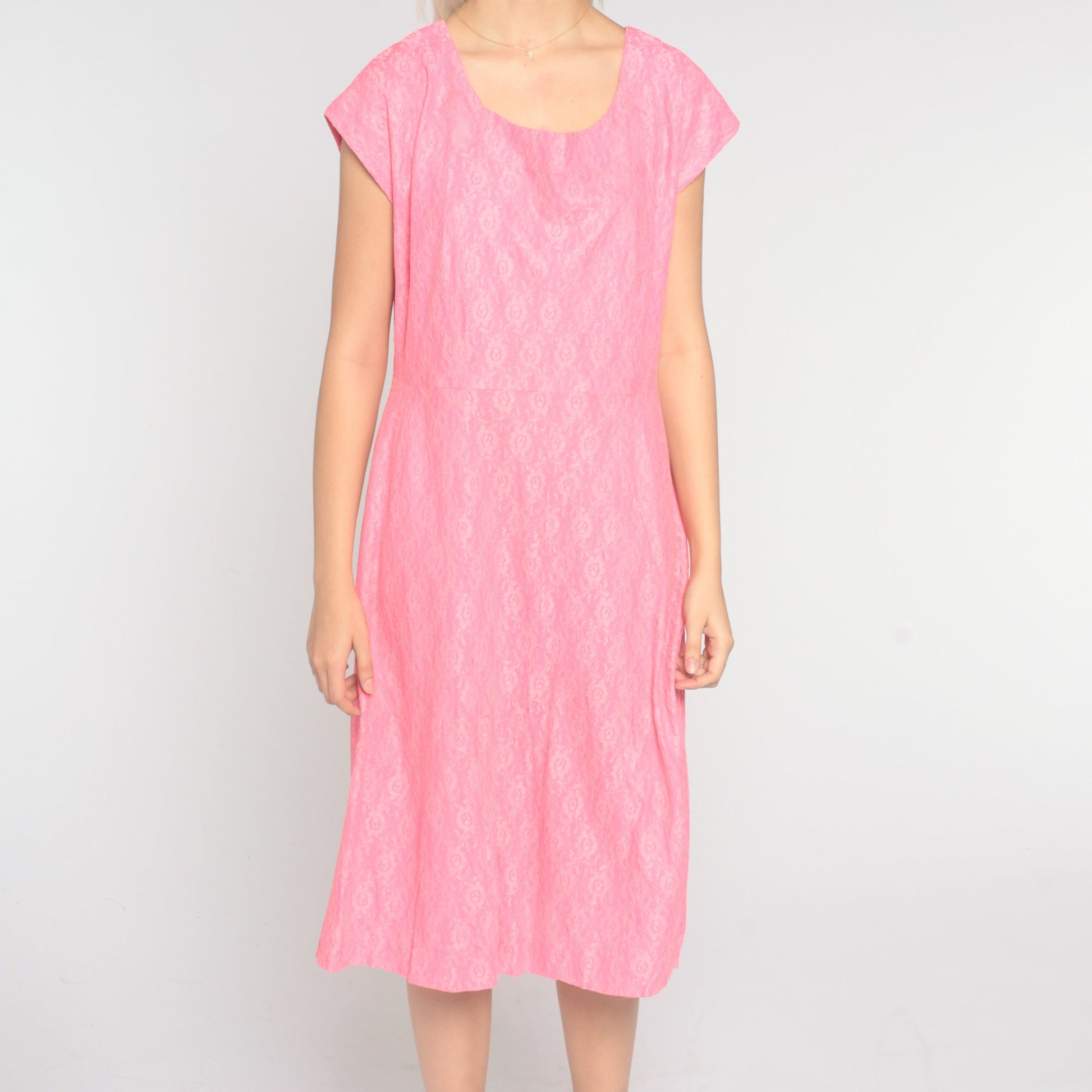 60s Pink Lace Midi Dress Shift Sleeveless High Waist Large