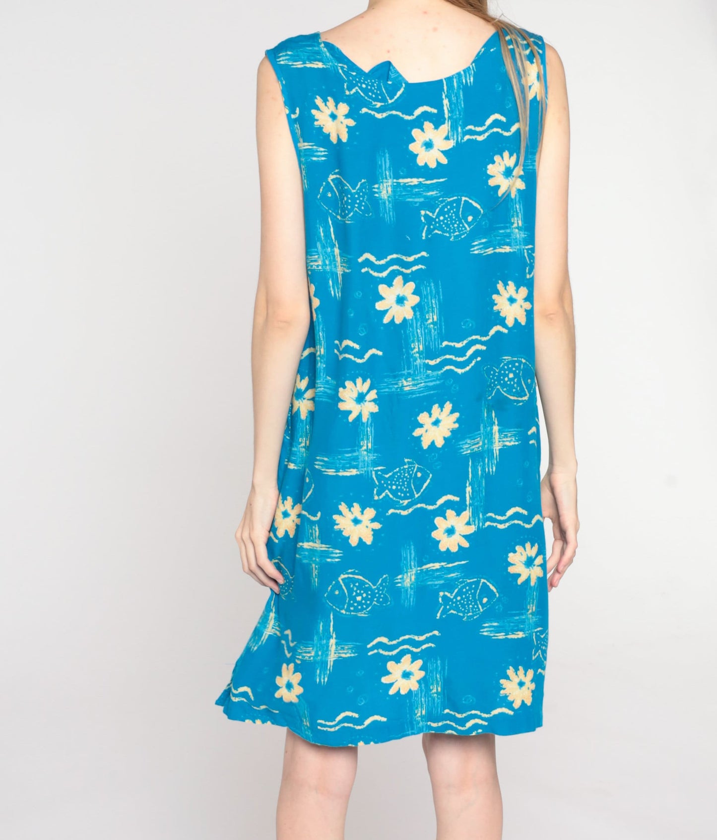 90s Blue Tropical Fish Floral Mini Dress Sleeveless Shift Medium