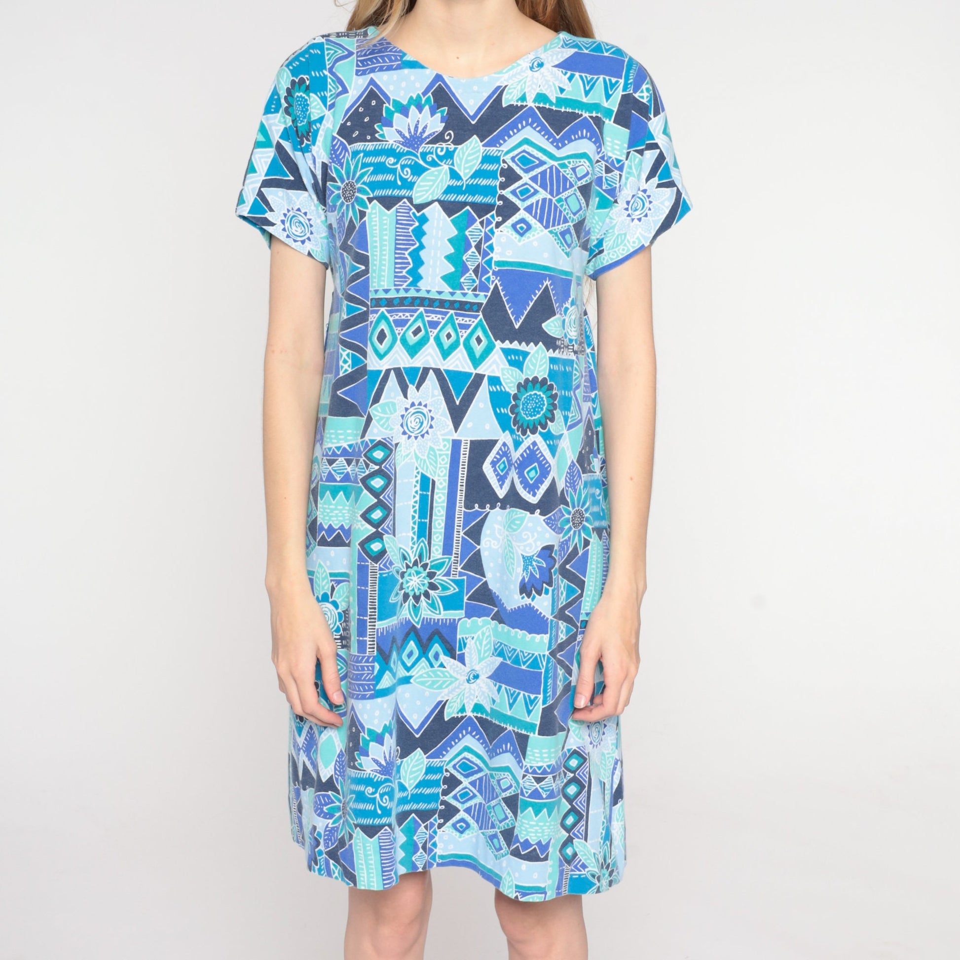 90s Blue Geometric Floral Mini Dress Short Sleeve Shift Dress Large