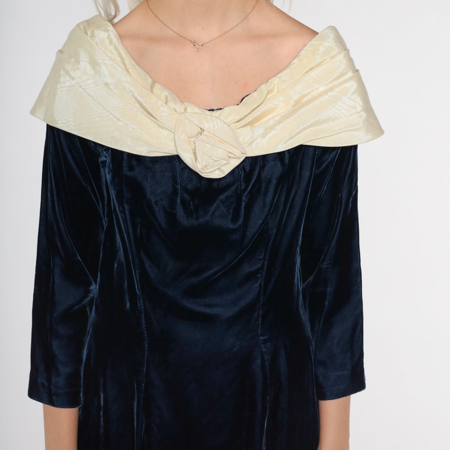 60s Blue Velvet Mini Dress Shift Cream Rosette 3/4 Sleeve Medium M