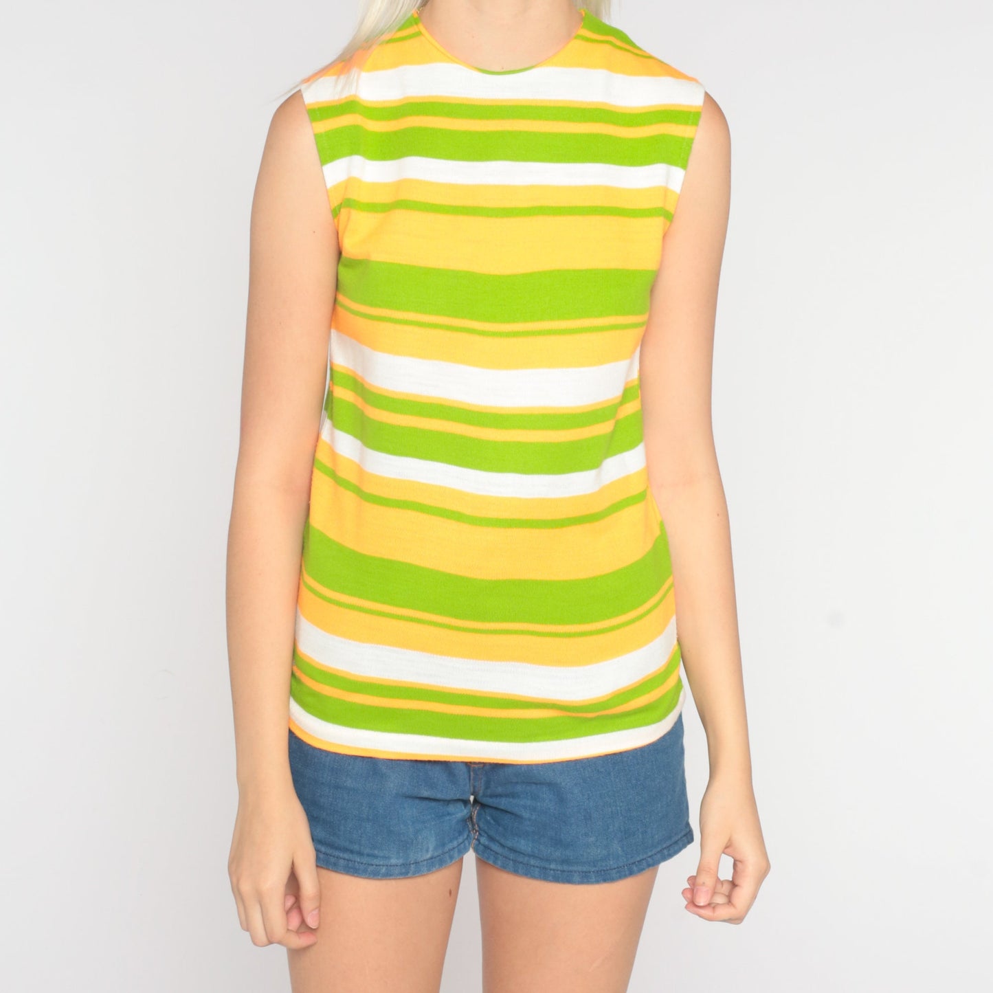 70s Striped Tank Top Green Orange White Sleeveless Shirt Extra Small