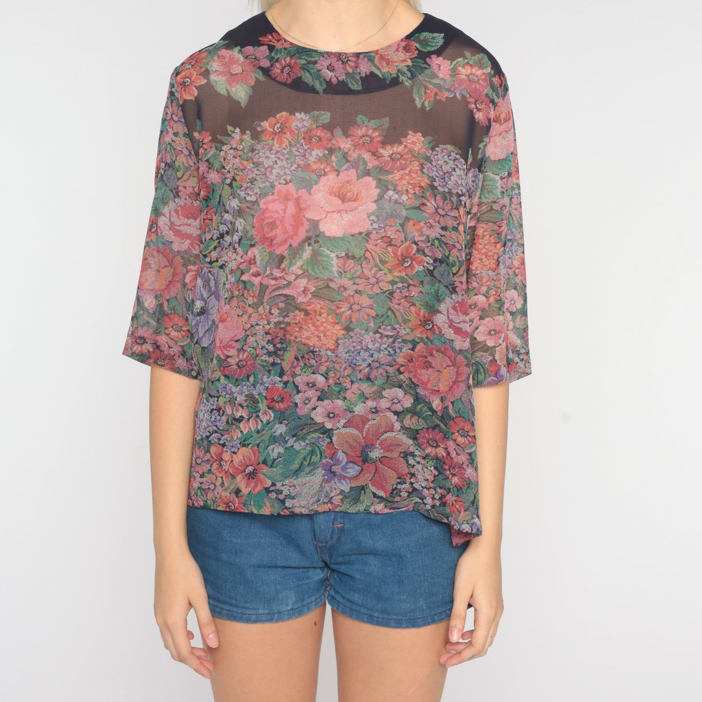 90s Sheer Floral Blouse Black Botanical Print 3/4 Sleeve Medium Large
