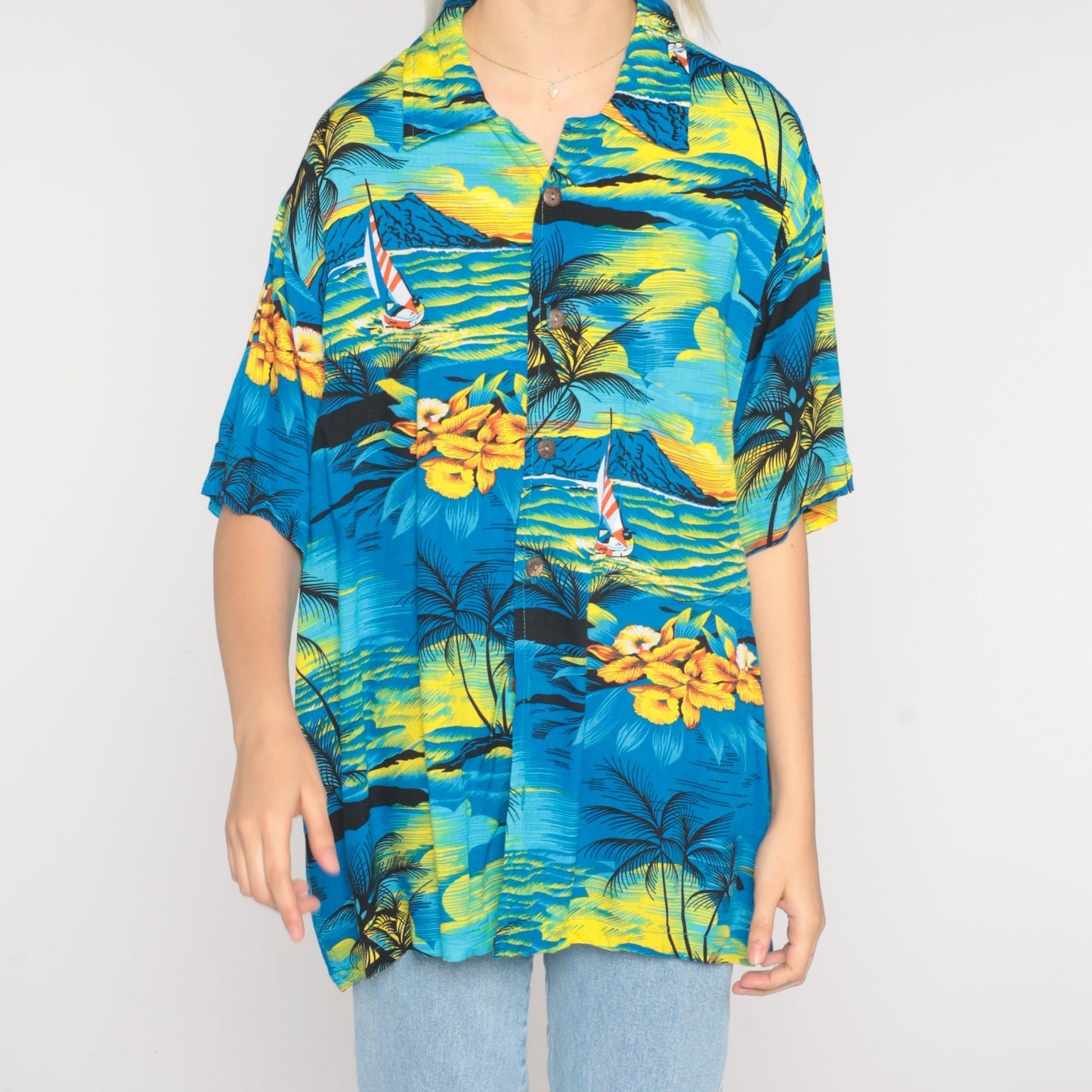 Y2K Tropical Sailboat Hawaiian Shirt Blue Palm Tree Button Up Extra Large