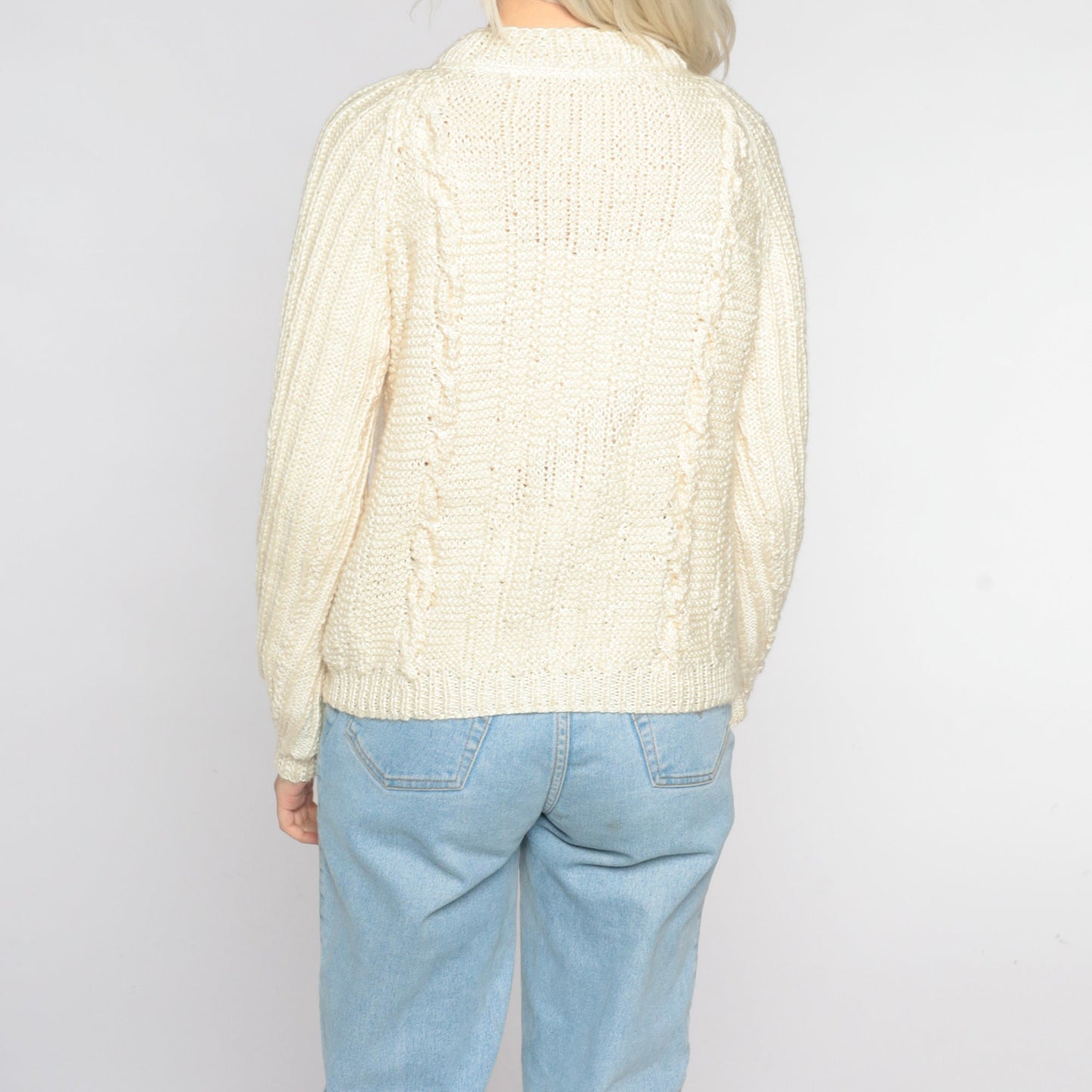 90s Cream Cable Knit Crewneck Pullover Sweater Small S