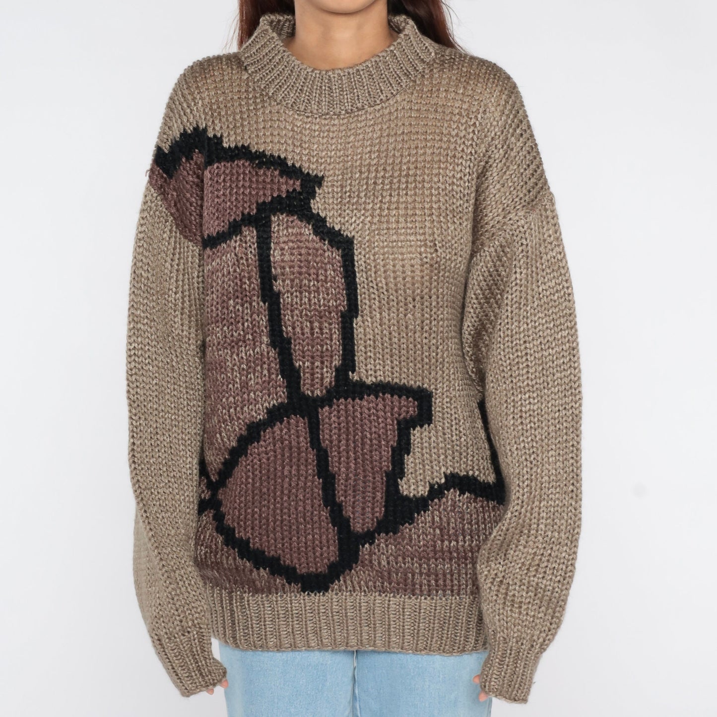 80s Abstract Jacquard Knit Sweater Taupe Crewneck Pullover Large