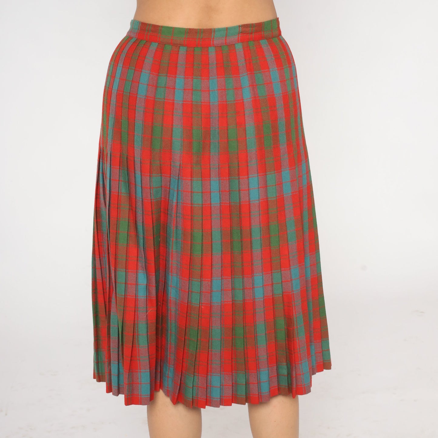 60s Plaid Wool Midi Skirt High Waist Pleated Tartan Red Blue Green Medium