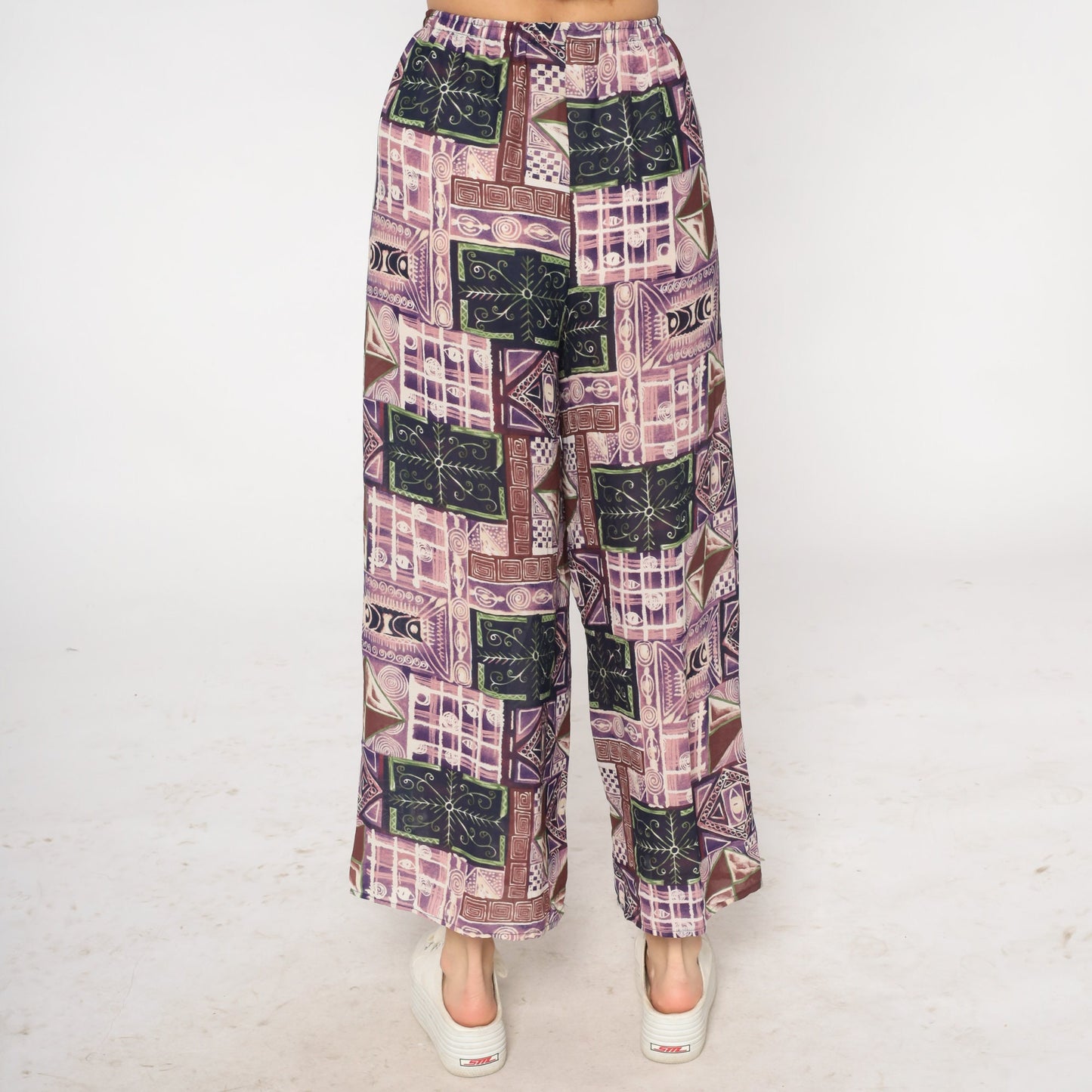 90s Patchwork Abstract Print Wide Leg Pants Purple Drawstring Waist Small