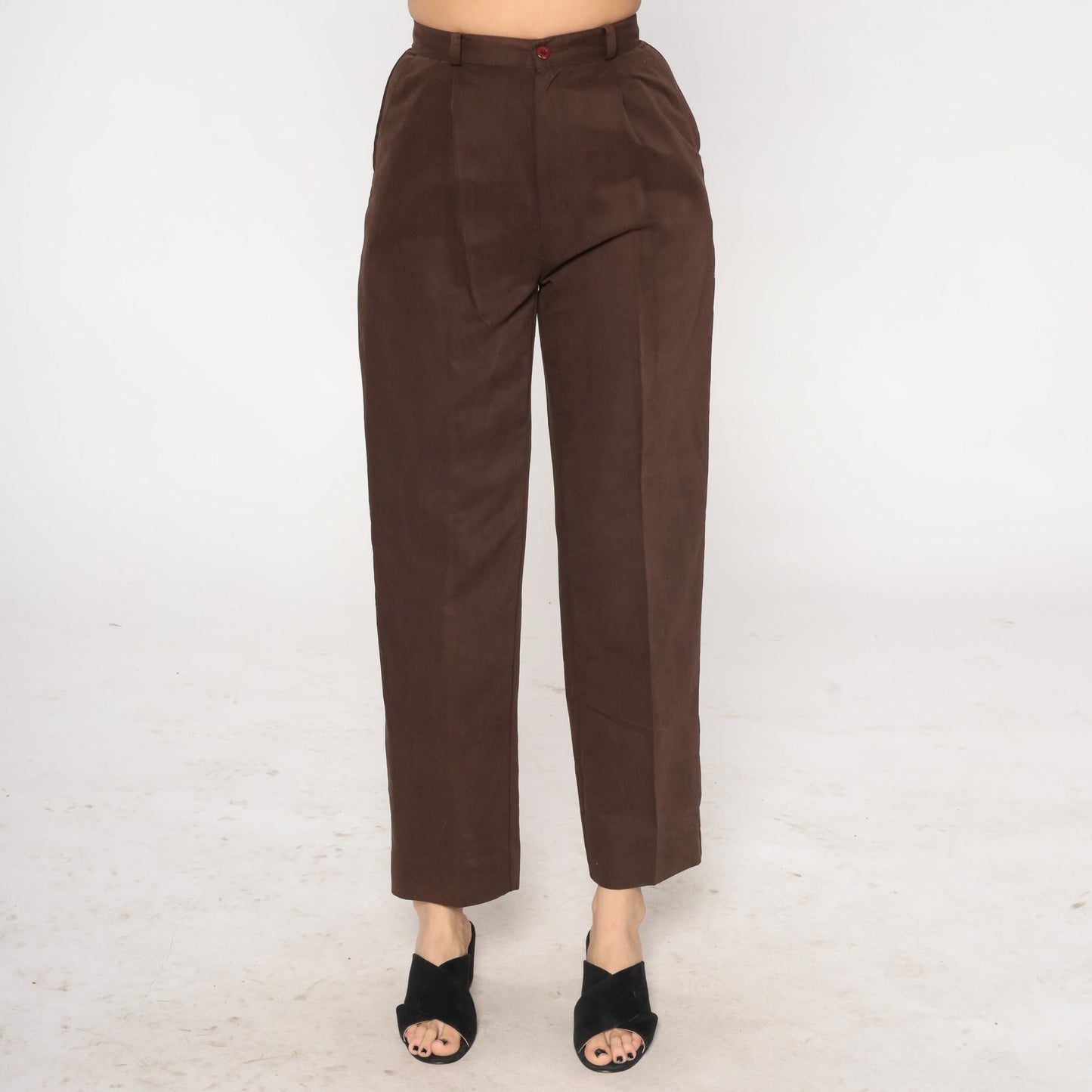 90s Brown High-Waist Straight Leg Trousers Creased Pleated Small 4