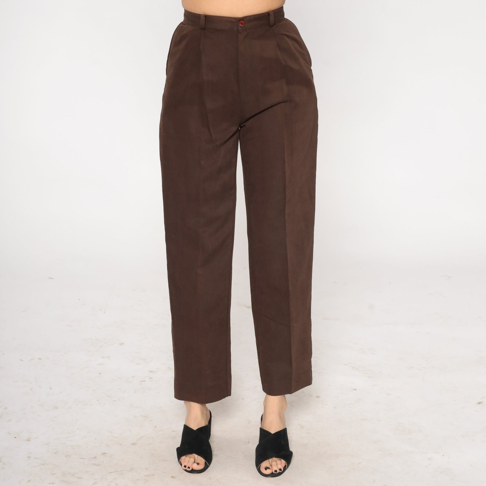 90s Brown High-Waist Straight Leg Trousers Creased Pleated Small 4