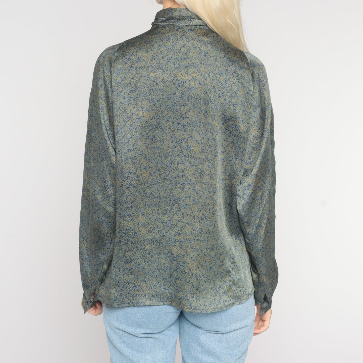 80s Abstract Print Mock Neck Blouse Long Sleeve Secretary Shirt Medium